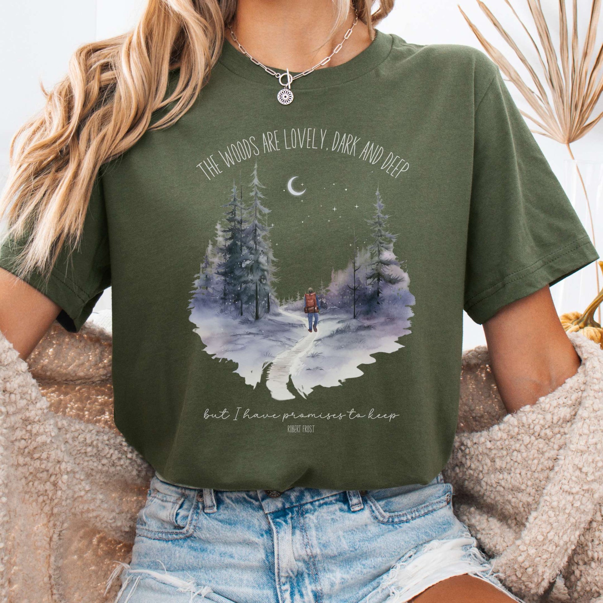 T-Shirt Military Green / S The Woods Are Lovely Bella + Canvas Tee – Winter Poetry Tee The Mystic Eden