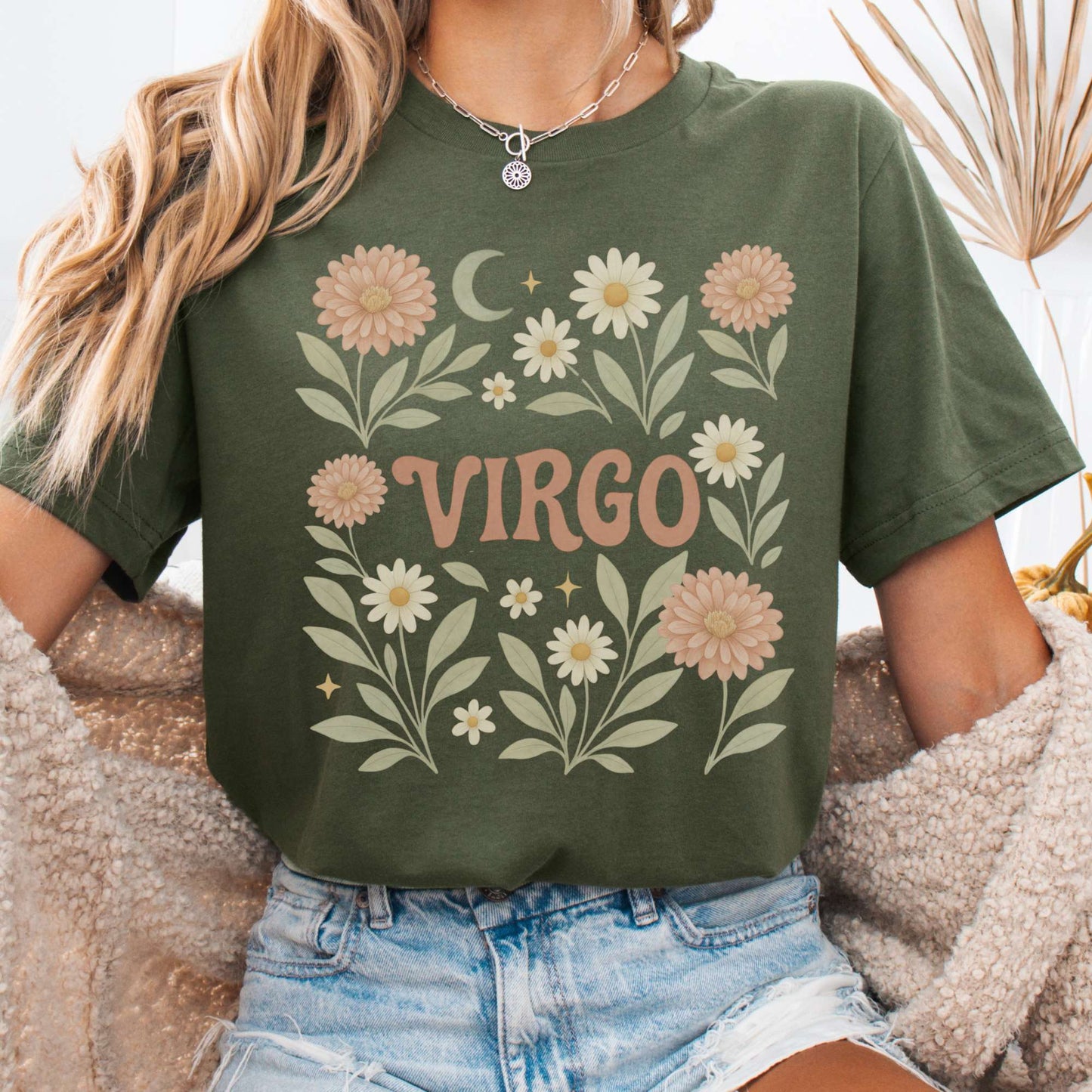 T-Shirt Military Green / S Virgo Bella T-Shirt – Retro Floral Zodiac Tee The Mystic Eden