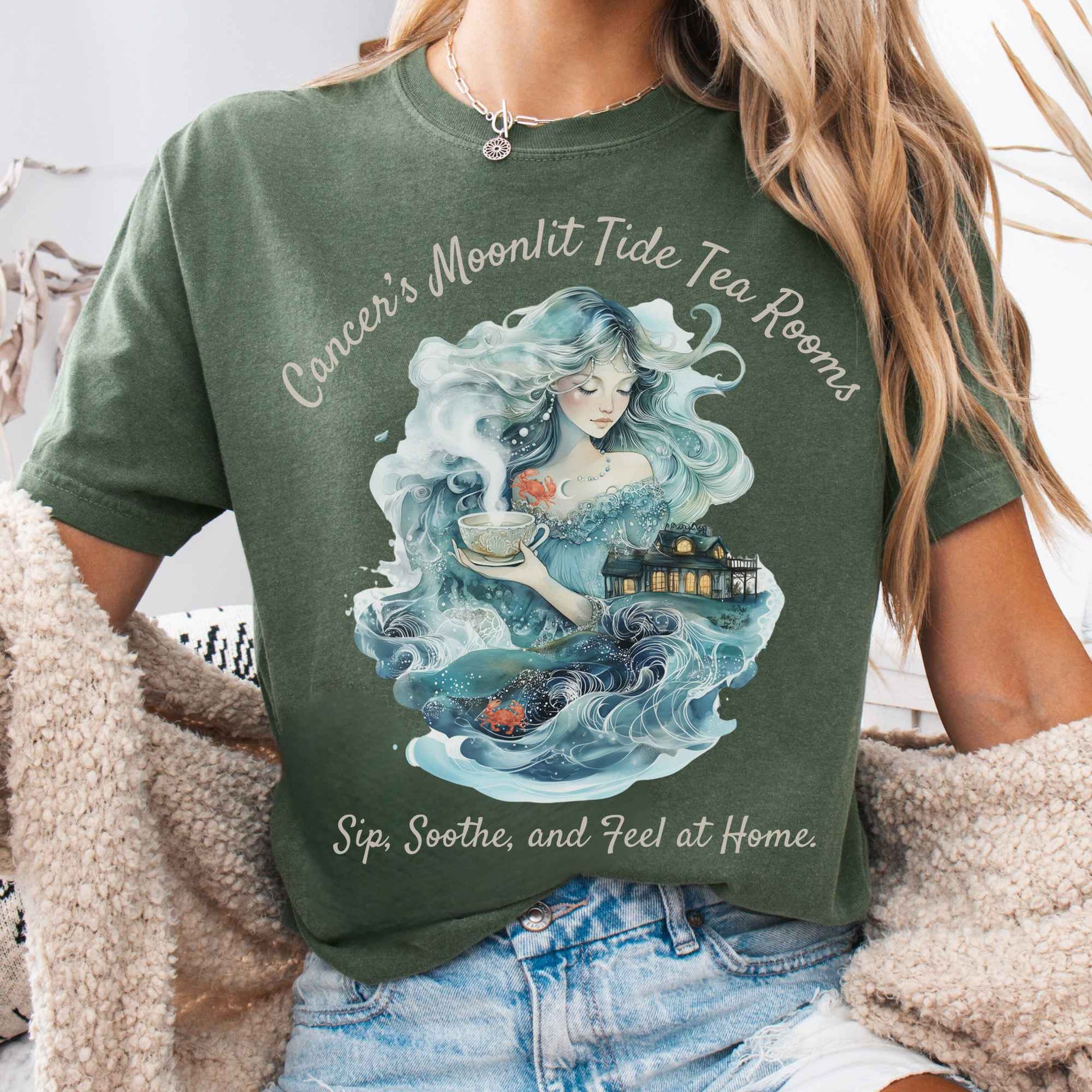 T-Shirt Moss / S Cancer's Moonlit Tide Tea Rooms Zodiac Shirt The Mystic Eden