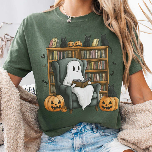T-Shirt Moss / S Cute Reading Ghosts & Black Cats Shirt The Mystic Eden