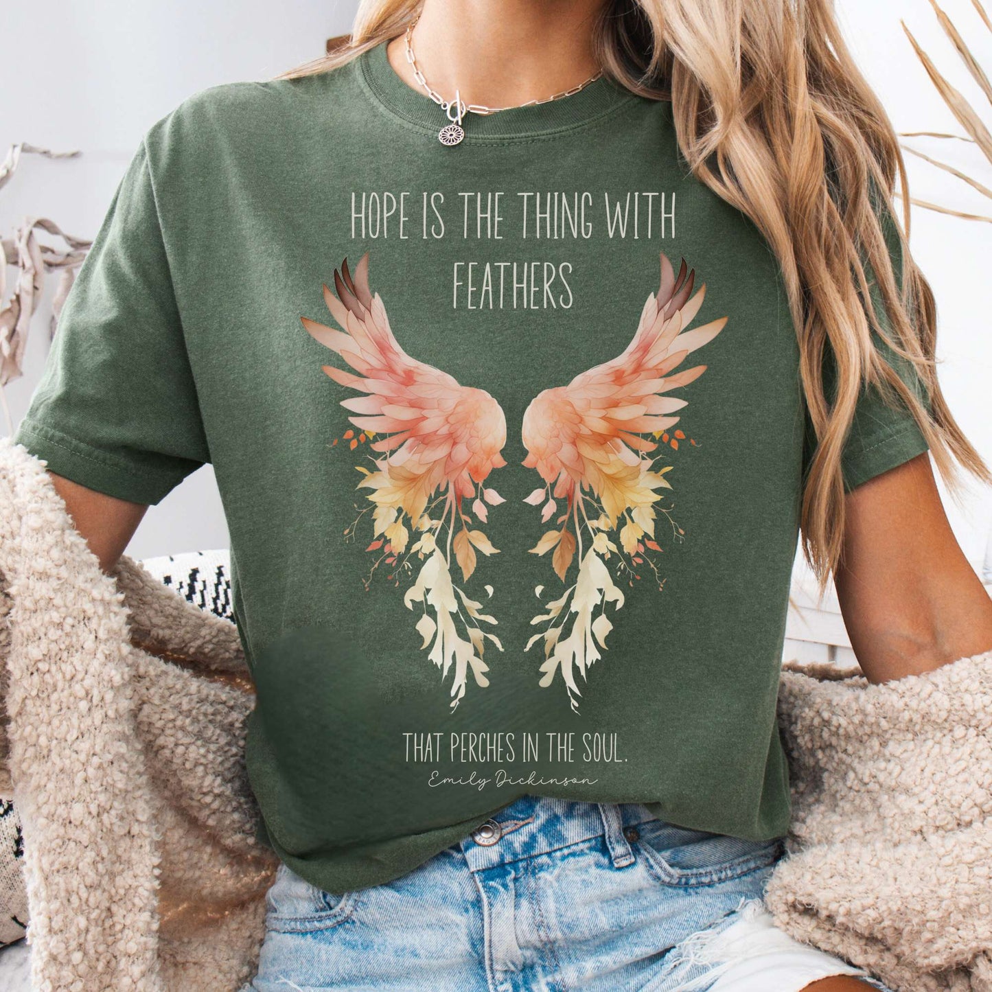 T-Shirt Moss / S Hope is the Thing With Feathers Emily Dickinson T-Shirt – Literary Wings Tee The Mystic Eden