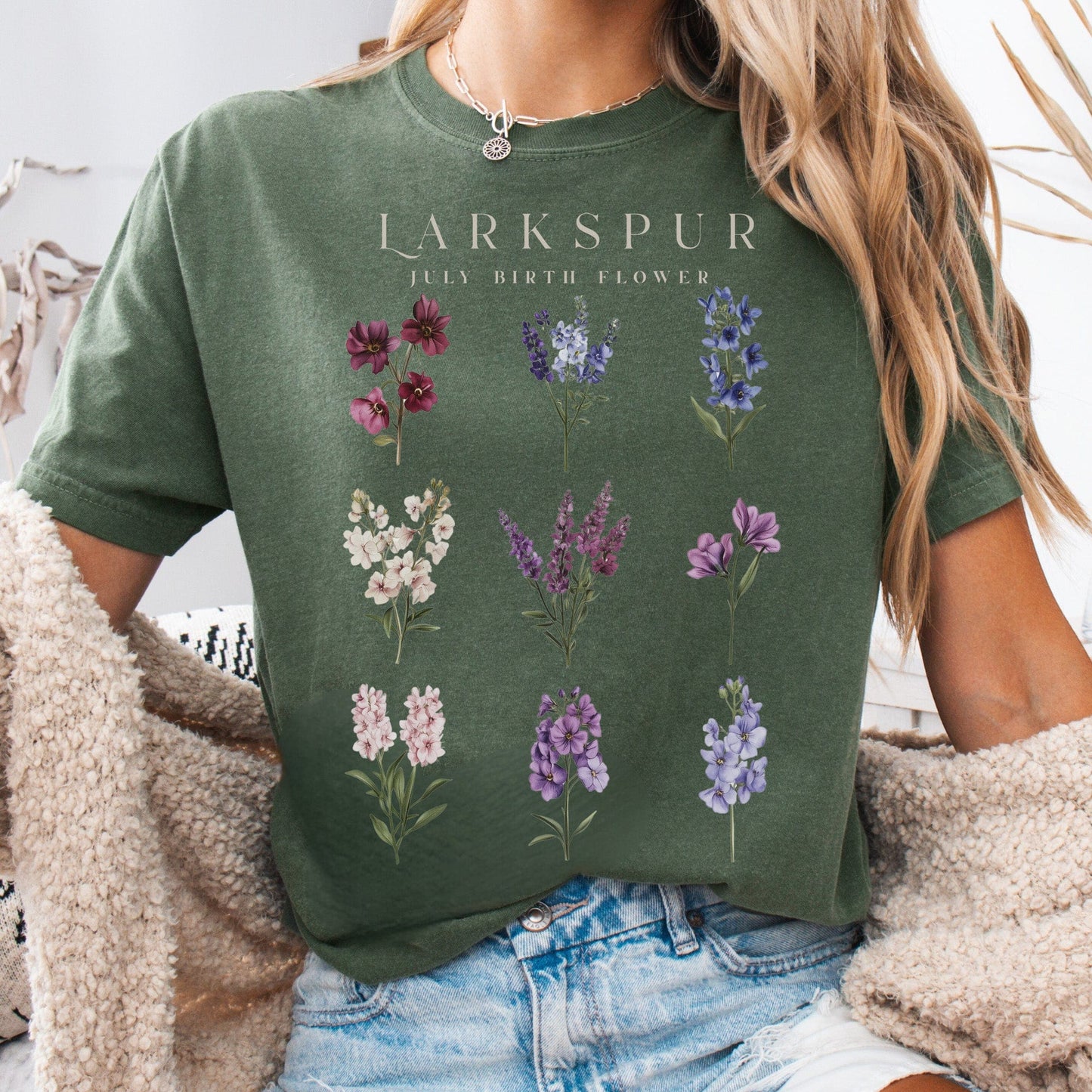 T-Shirt Moss / S Larkspur July Birth Month Flower Shirt The Mystic Eden