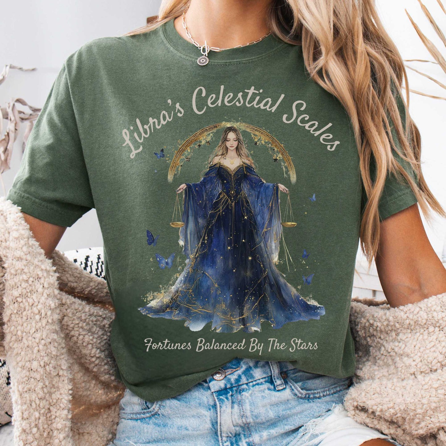 T-Shirt Moss / S Libra's Celestial Scales Zodiac Shirt The Mystic Eden