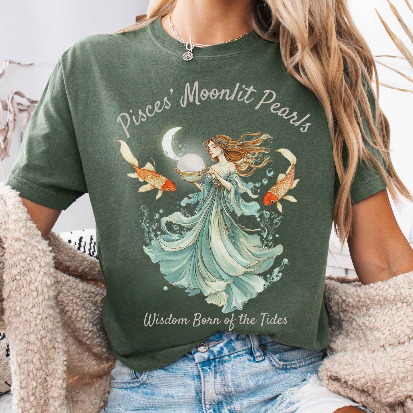 T-Shirt Moss / S Pisces' Moonlit Pearls Zodiac Shirt The Mystic Eden