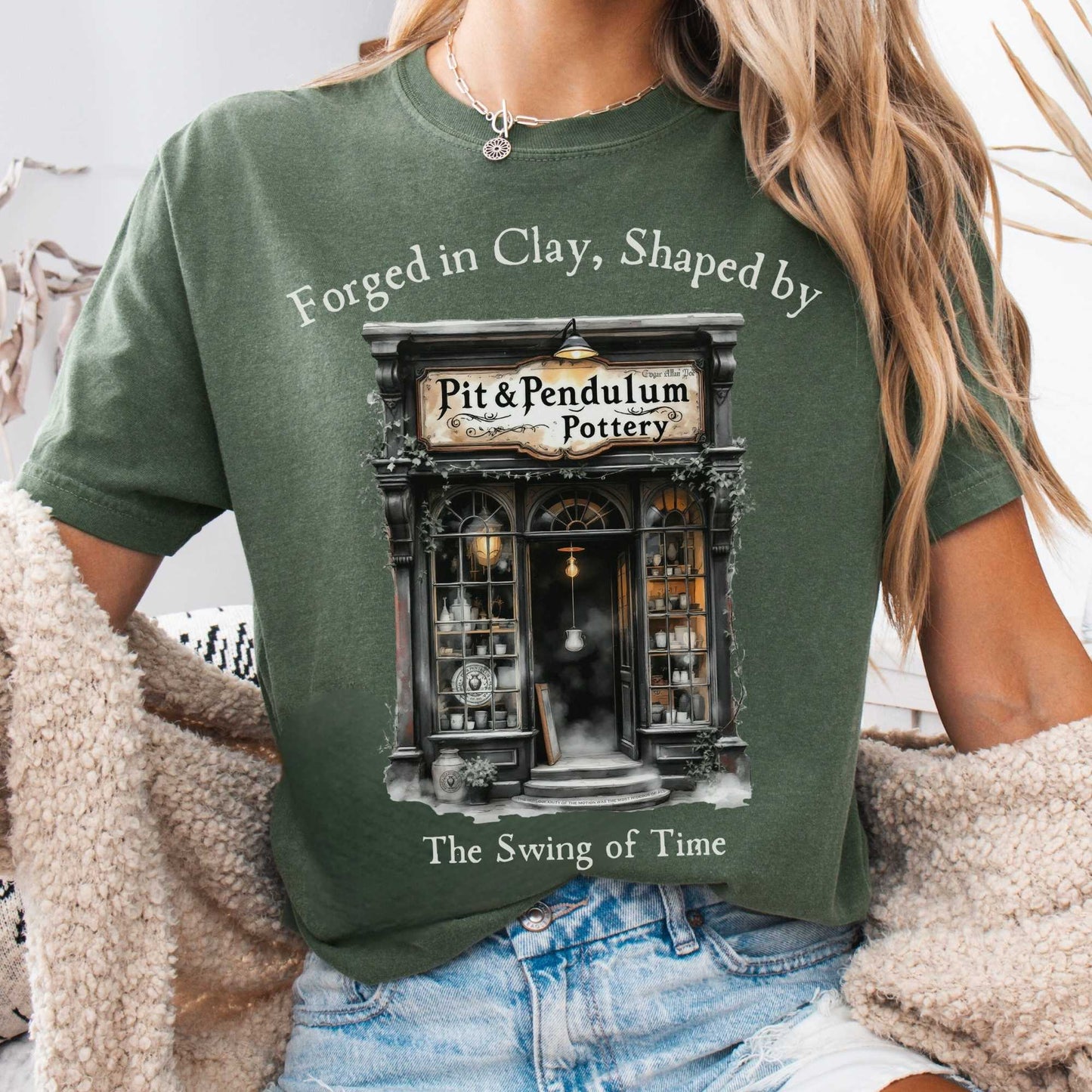 T-Shirt Moss / S Pit & Pendulum Pottery Edgar Allan Poe Shirt The Mystic Eden