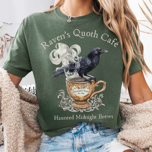 T-Shirt Moss / S Raven Quoth Cafe Poe Shirt - Haunted Midnight Brews The Mystic Eden