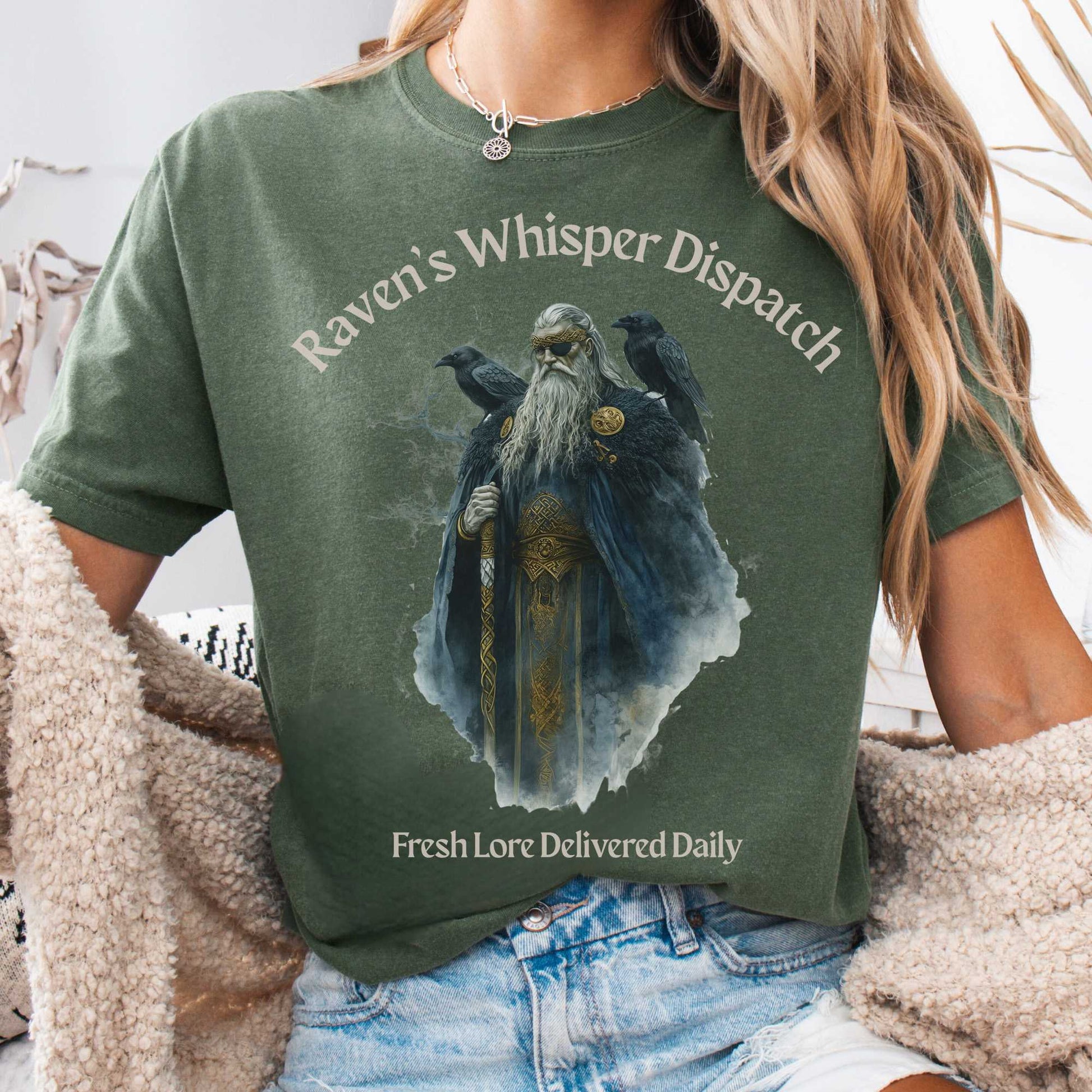 T-Shirt Moss / S Raven's Whisper Dispatch Fresh Lore Delivered Daily Norse God Shirt The Mystic Eden