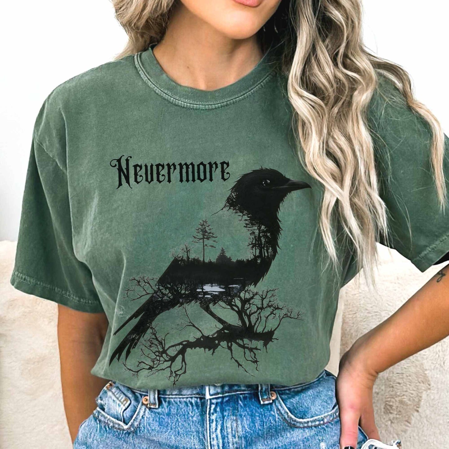 T-Shirt Moss / S The Raven Nevermore Shirt Edgar Allan Poe The Mystic Eden