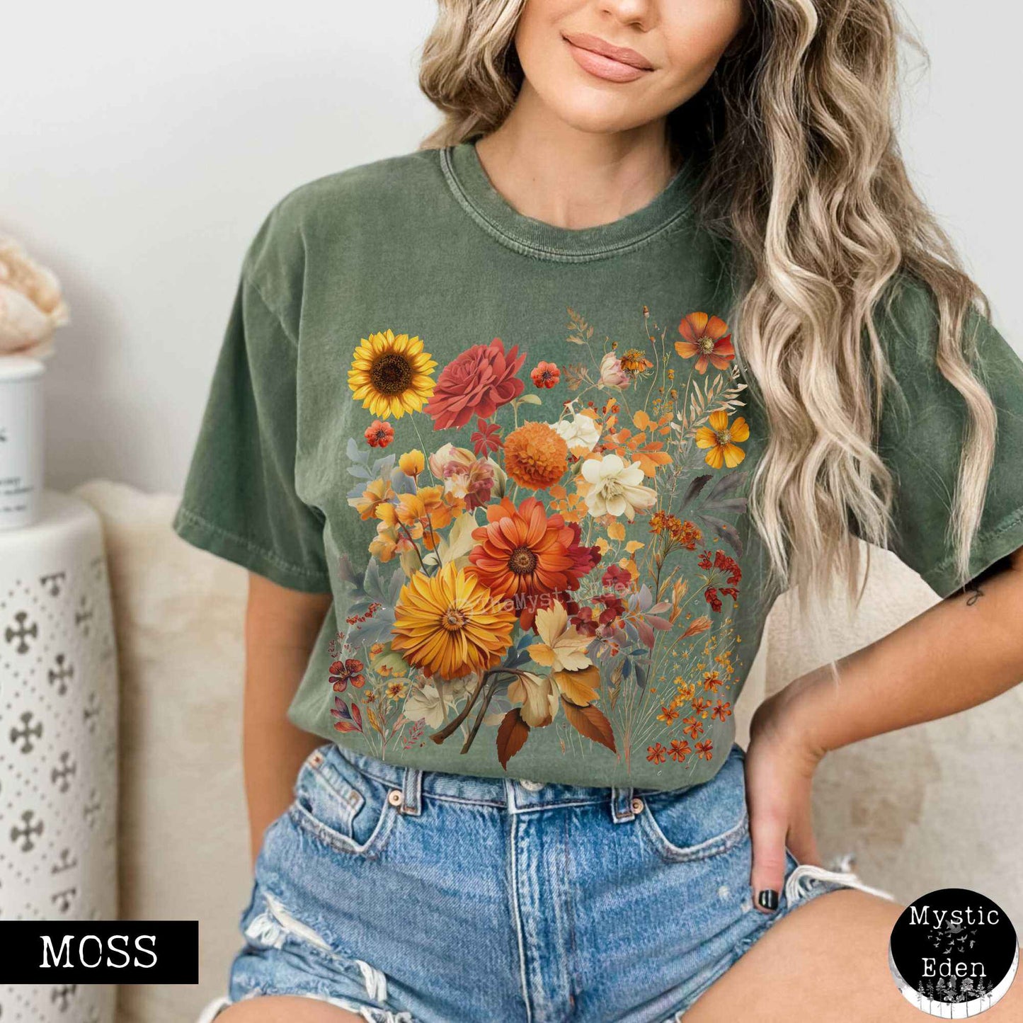 T-Shirt Moss / S Vintage cottagecore fall aesthetic floral shirt The Mystic Eden