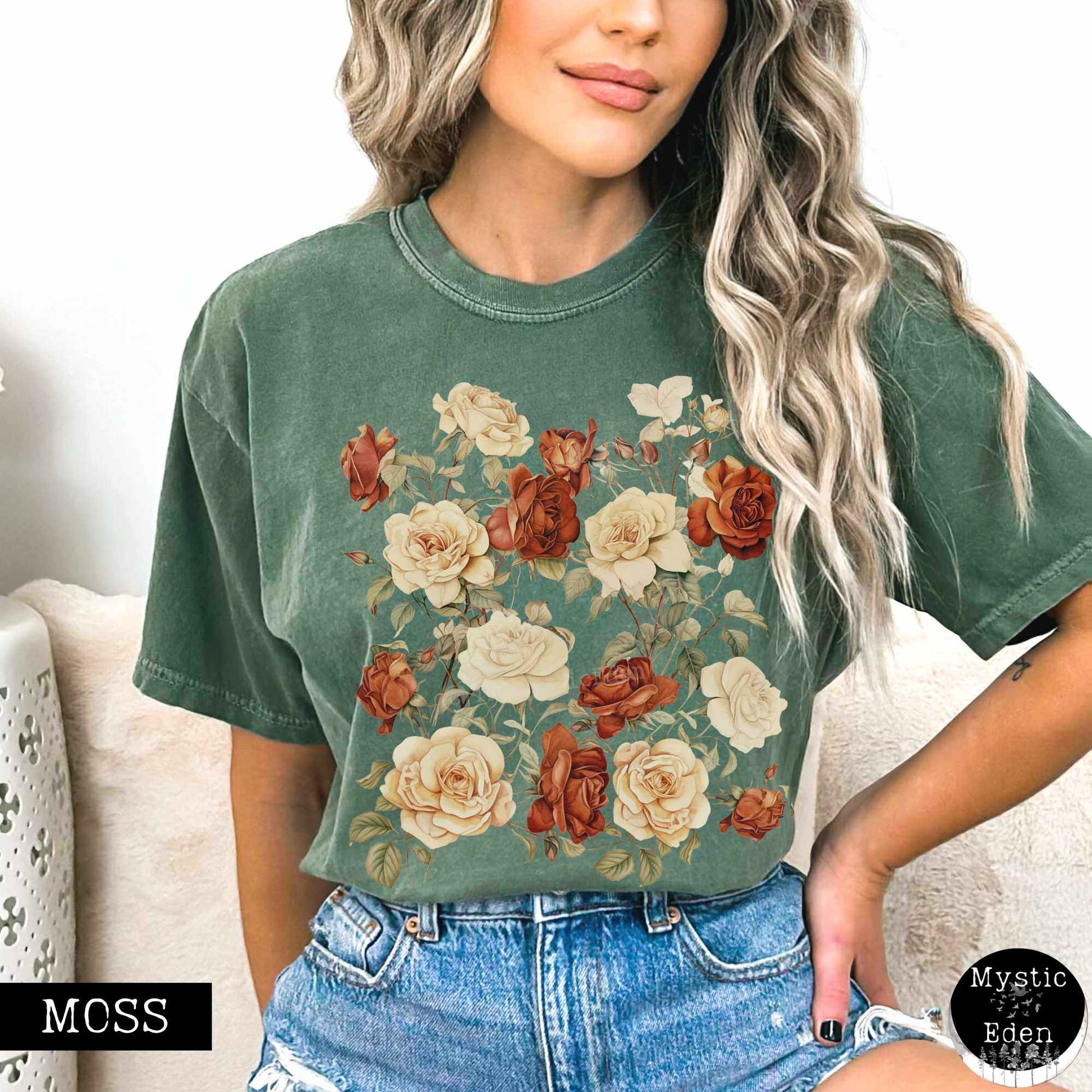 T-Shirt Moss / S Vintage dark academia aesthetic roses shirt The Mystic Eden