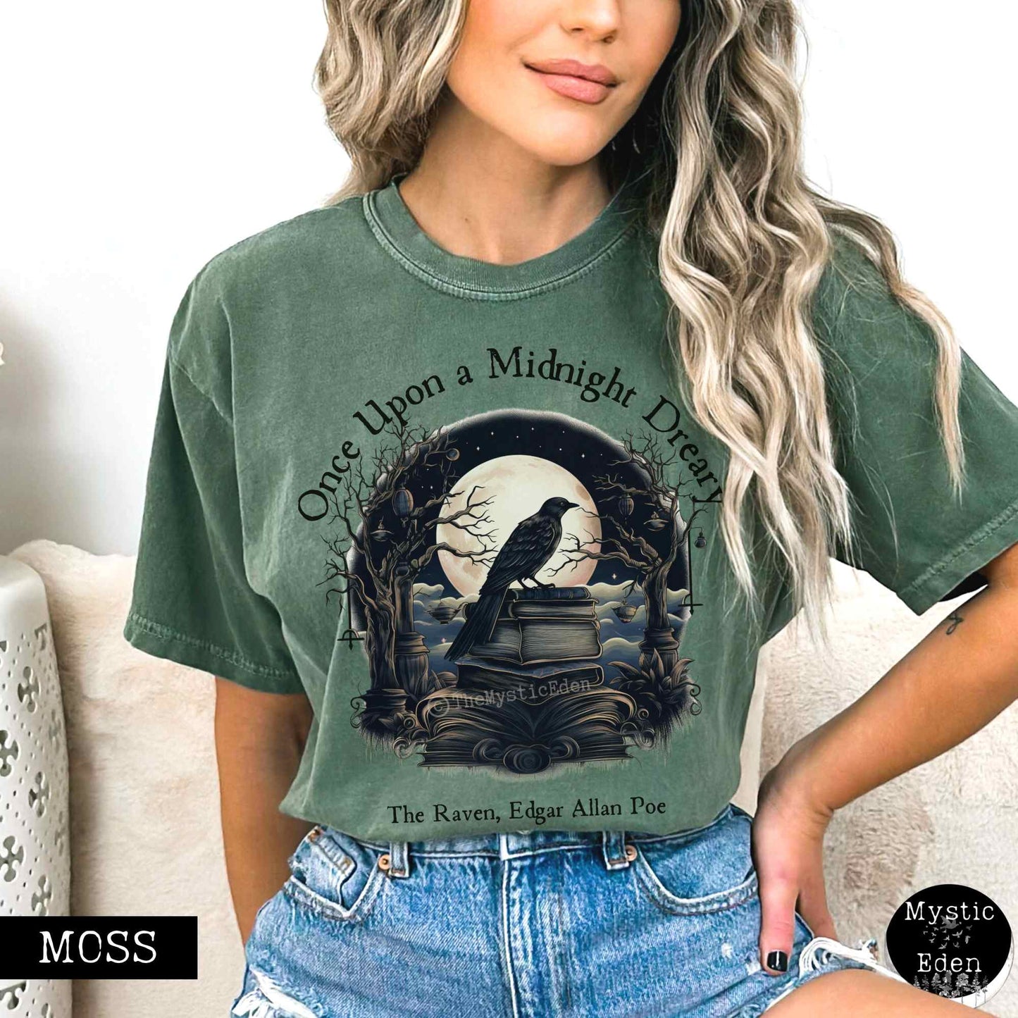 T-Shirt Moss / S Vintage Edgar Allan Poe Shirt - Once upon a midnight dreary The Mystic Eden