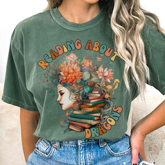 T-Shirt Moss / S Vintage Reading About Dragons Bookish T-Shirt The Mystic Eden