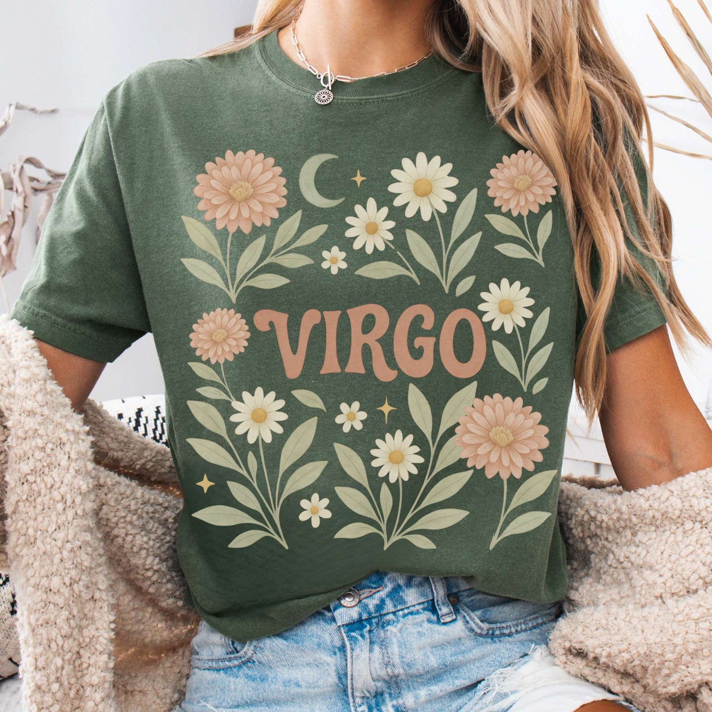 T-Shirt Moss / S Virgo T-Shirt – Retro Floral Zodiac Tee The Mystic Eden
