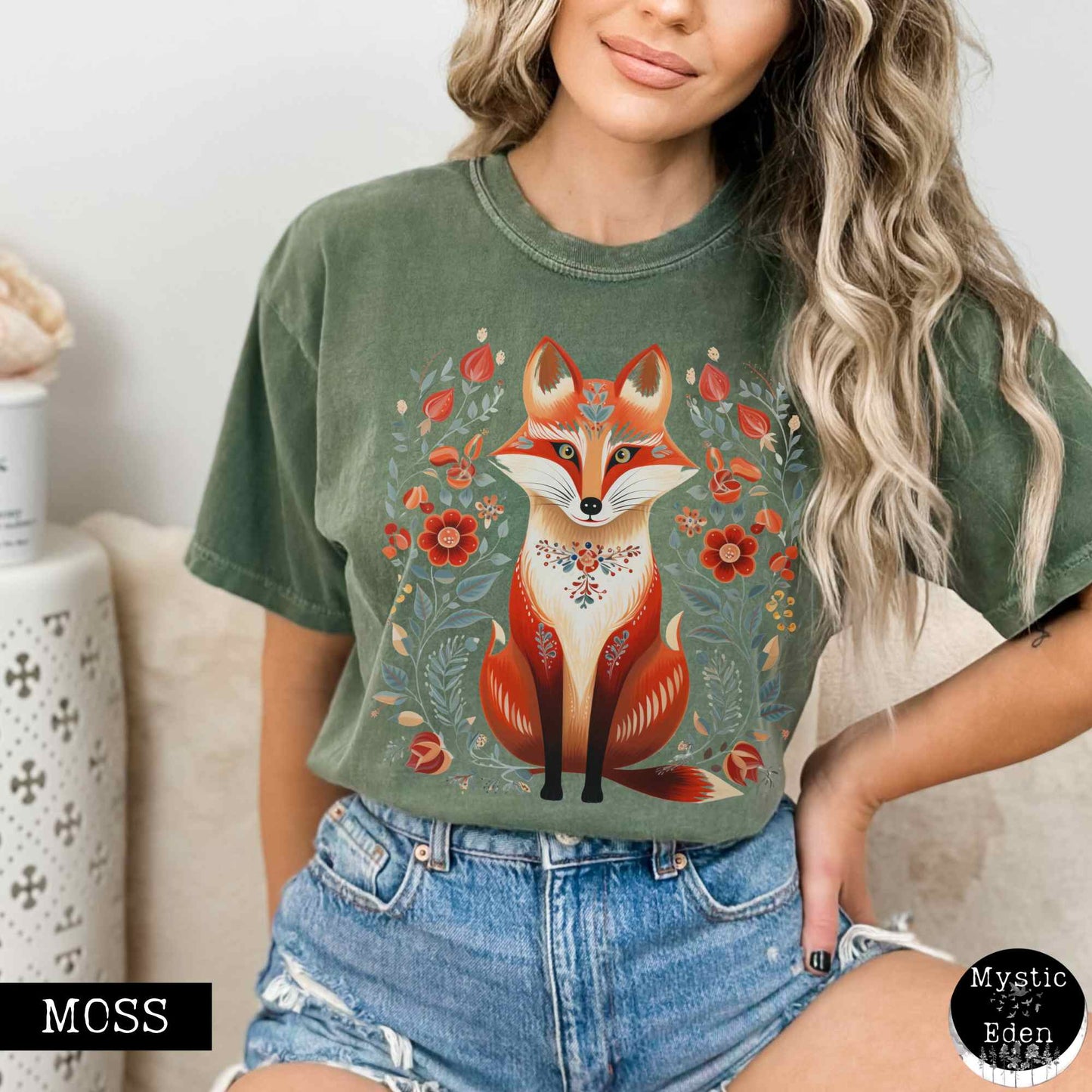 T-Shirt Moss / S Whimsical Scandinavian Folk Art Fox Shirt The Mystic Eden
