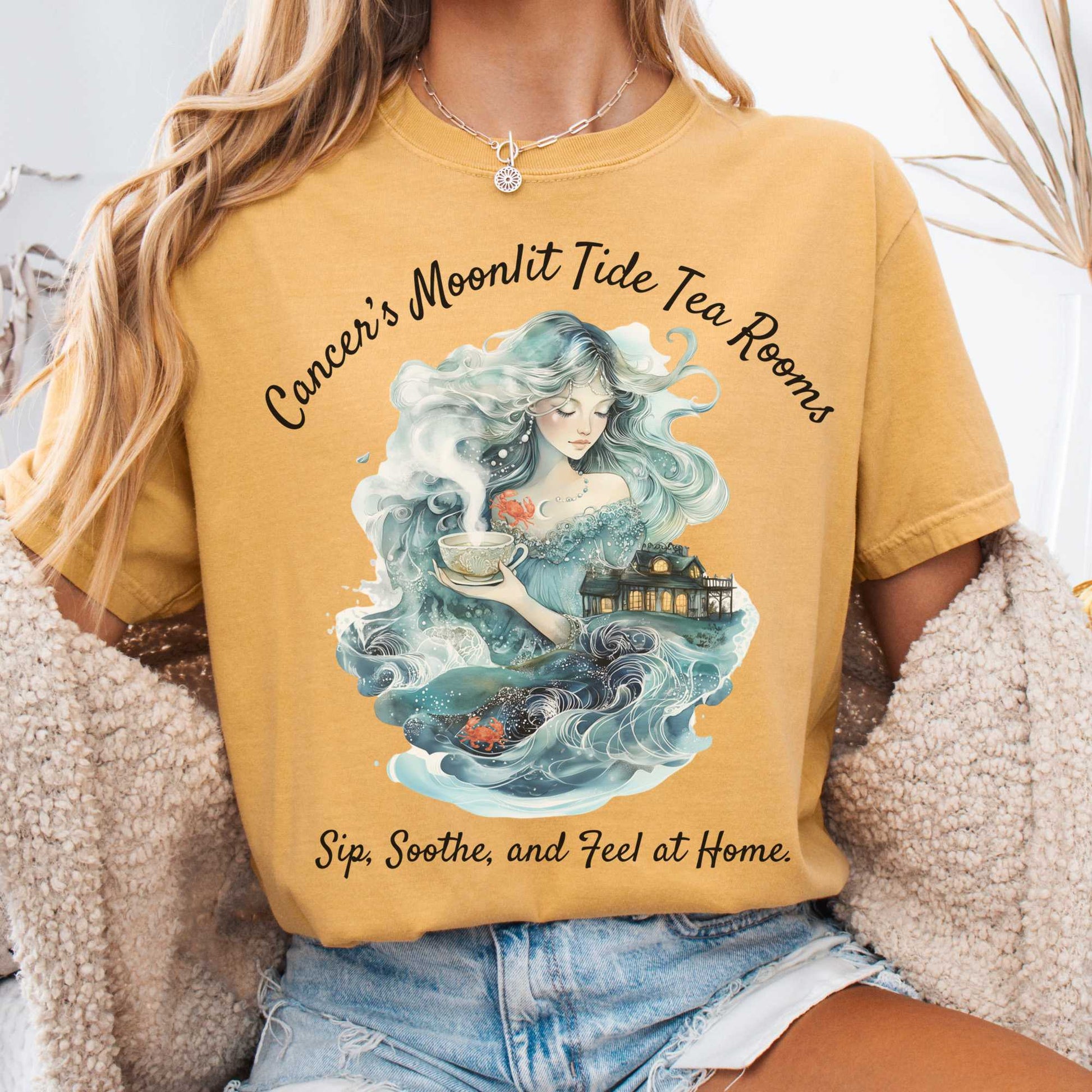 T-Shirt Mustard / S Cancer's Moonlit Tide Tea Rooms Zodiac Shirt The Mystic Eden
