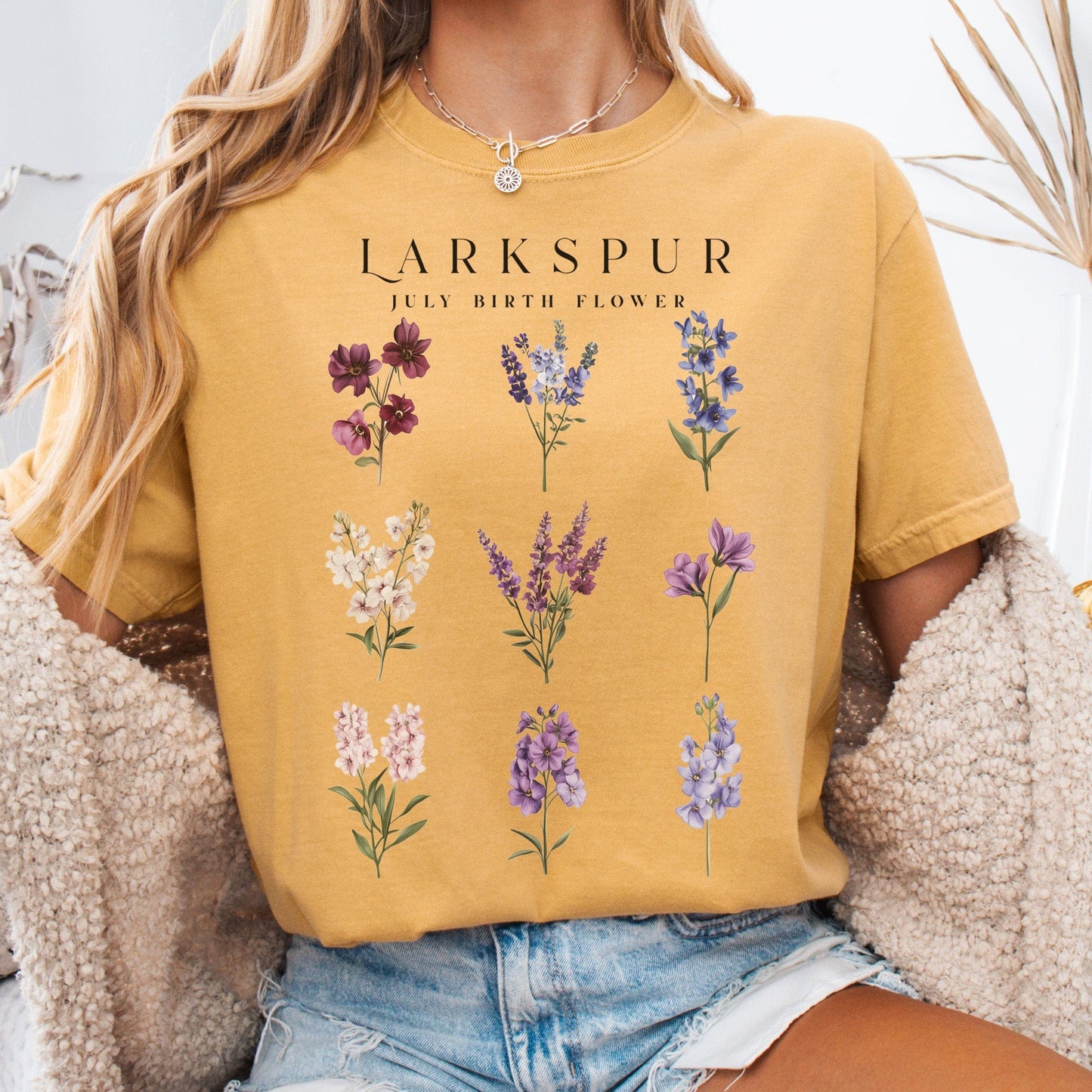 T-Shirt Mustard / S Larkspur July Birth Month Flower Shirt The Mystic Eden