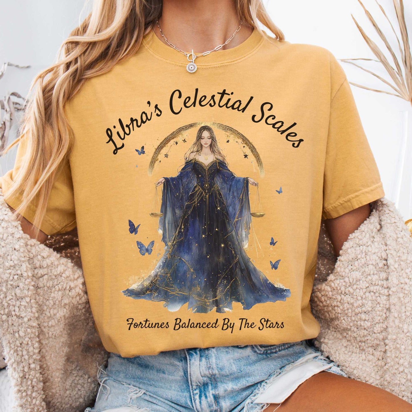T-Shirt Mustard / S Libra's Celestial Scales Zodiac Shirt The Mystic Eden