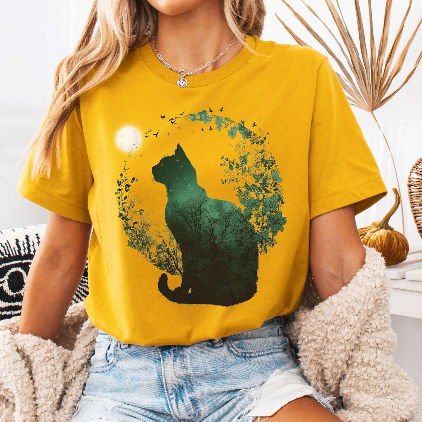 T-Shirt Mustard / S Midnight Cat in the Forest Bella + Canvas Tee – Forestcore Cat Shirt The Mystic Eden