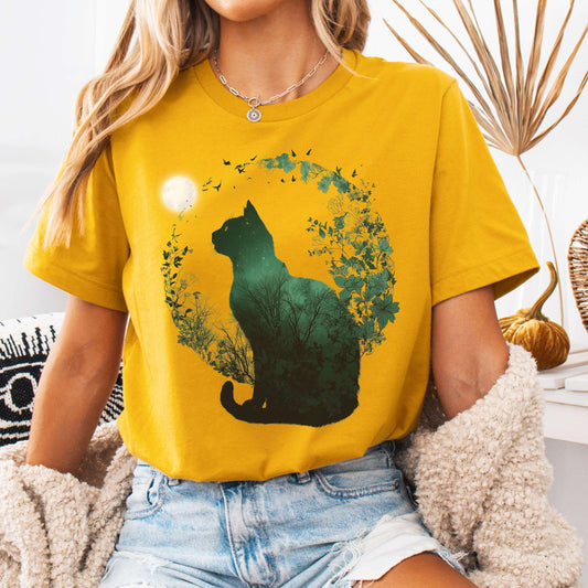 T-Shirt Mustard / S Midnight Cat in the Forest Bella + Canvas Tee – Forestcore Cat Shirt The Mystic Eden
