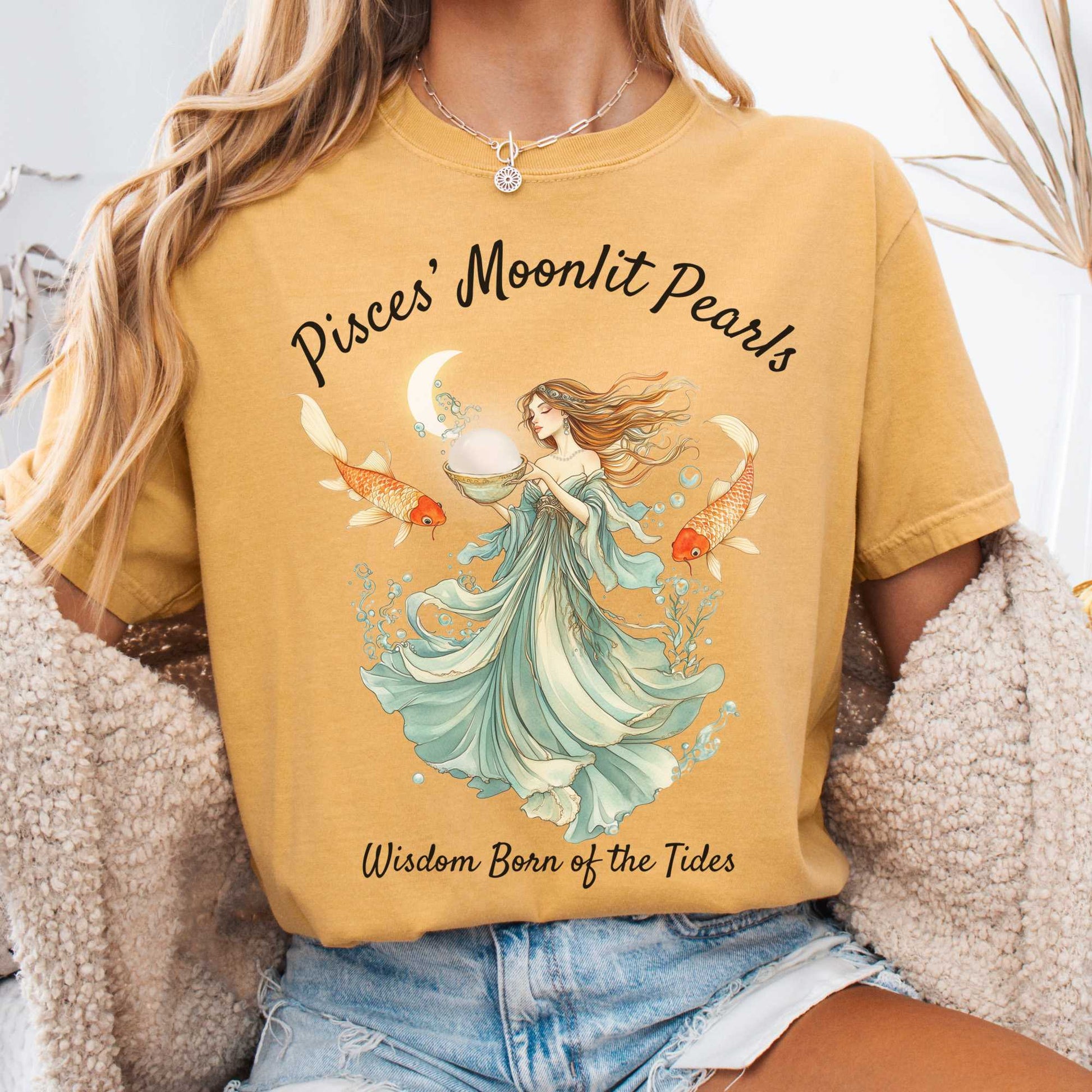 T-Shirt Mustard / S Pisces' Moonlit Pearls Zodiac Shirt The Mystic Eden