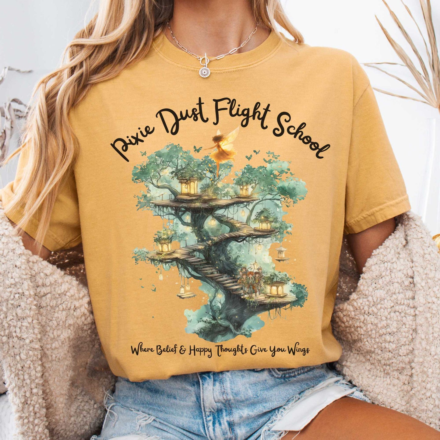 T-Shirt Mustard / S Pixie Dust Flight School Peter Pan Shirt - J M Barrie The Mystic Eden