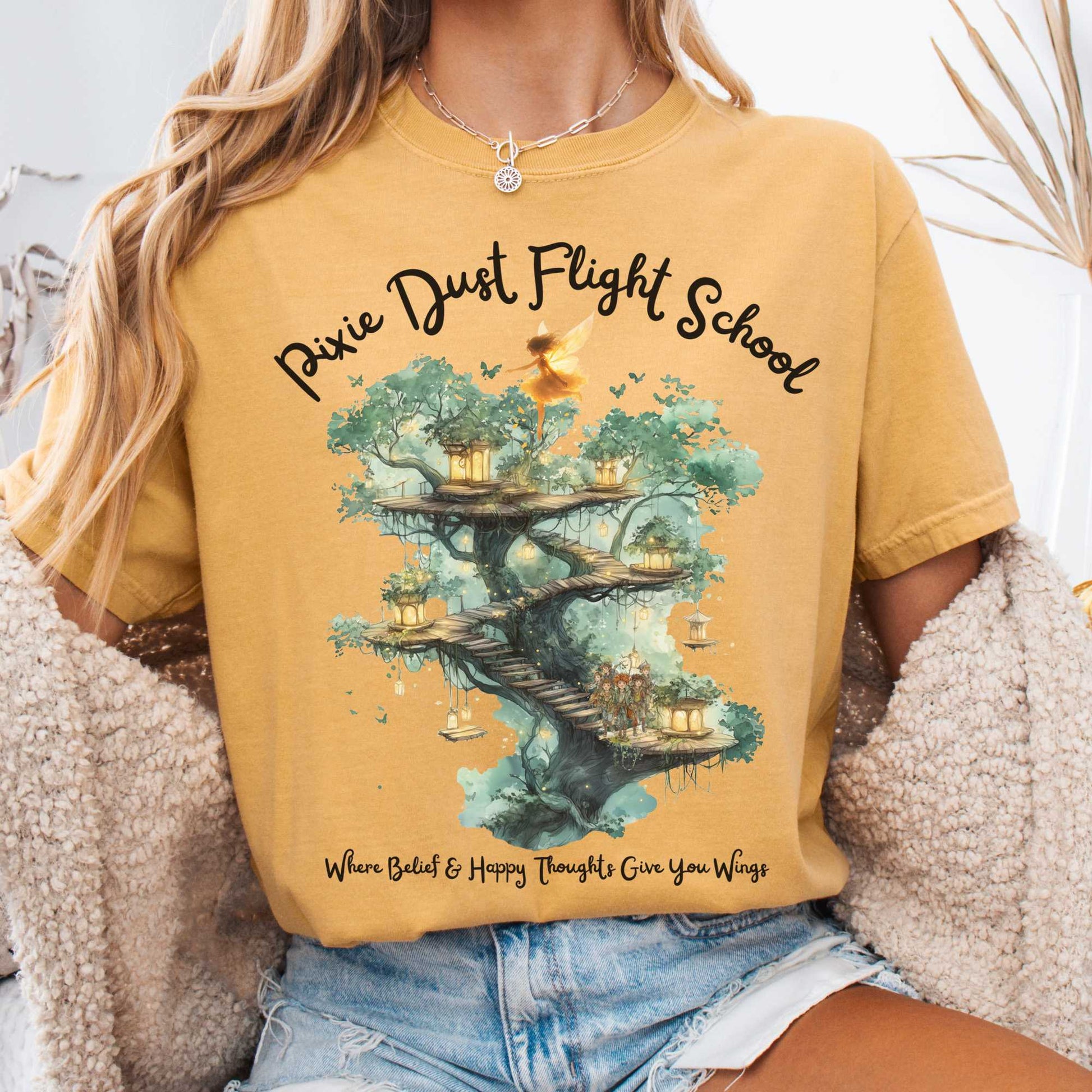 T-Shirt Mustard / S Pixie Dust Flight School Peter Pan Shirt - J M Barrie The Mystic Eden