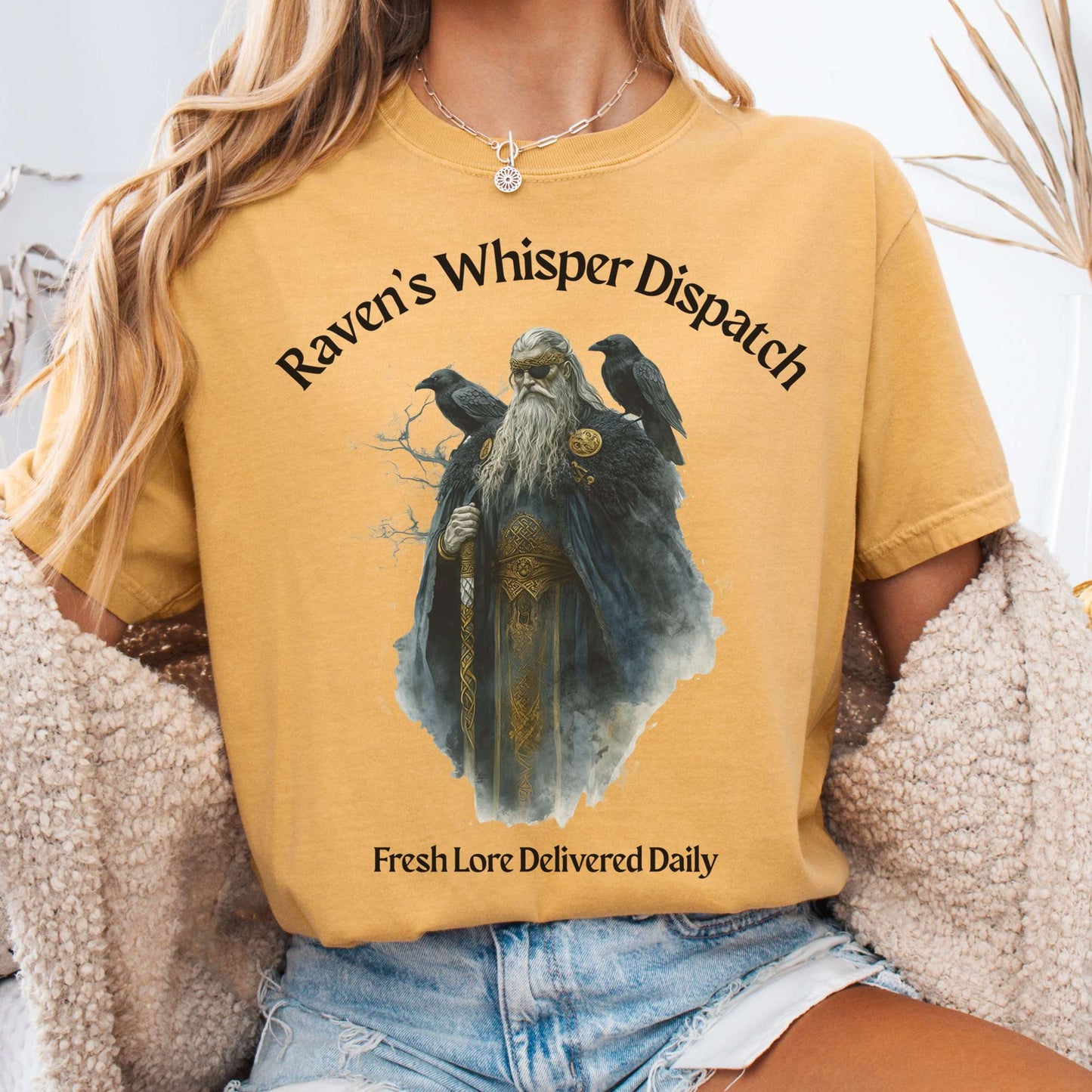 T-Shirt Mustard / S Raven's Whisper Dispatch Fresh Lore Delivered Daily Norse God Shirt The Mystic Eden