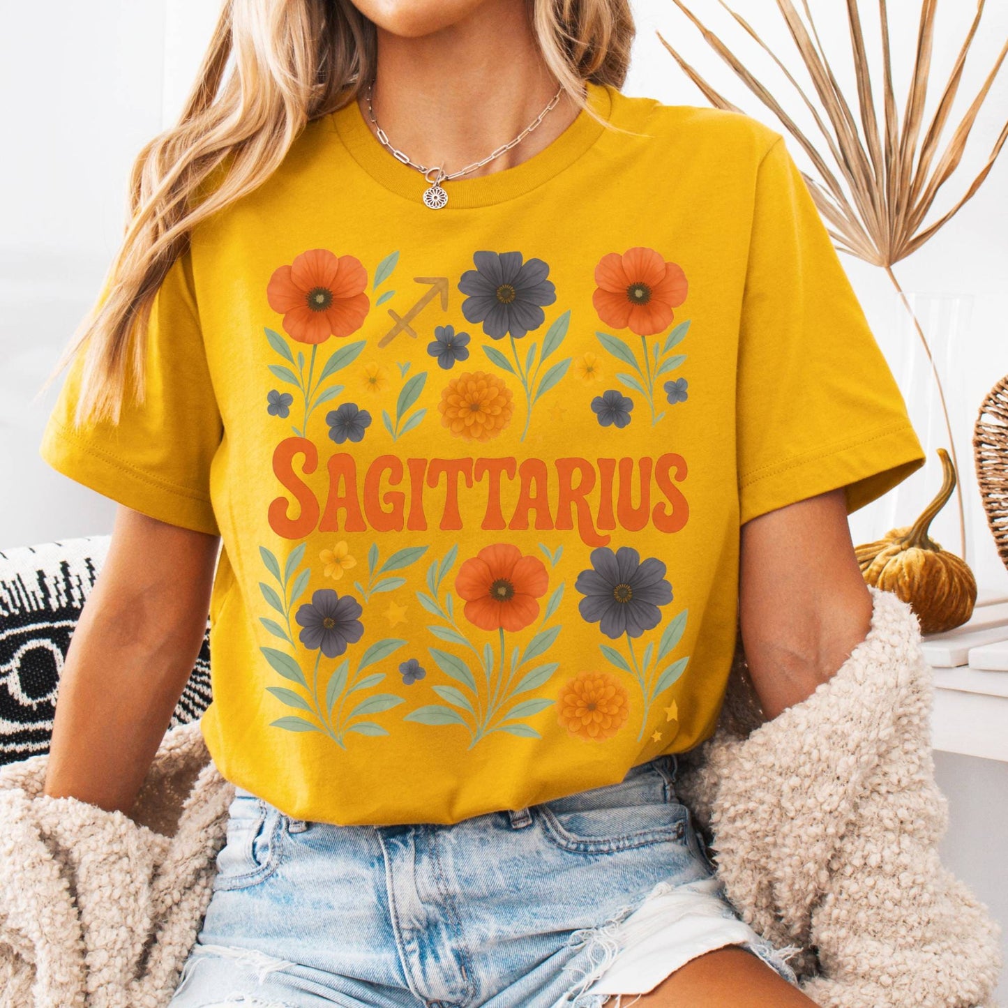 T-Shirt Mustard / S Sagittarius Bella T-Shirt – Retro Floral Zodiac Tee The Mystic Eden