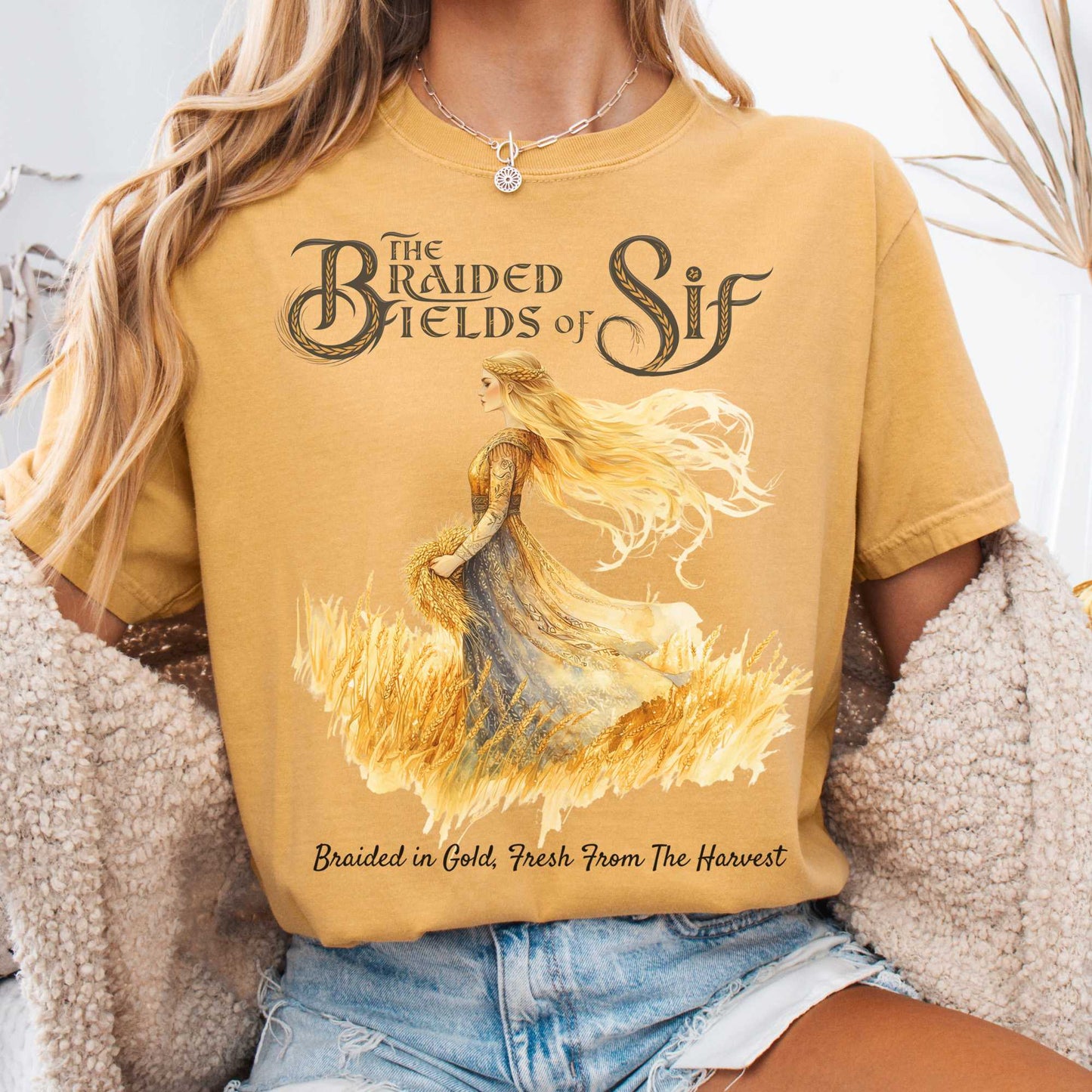 T-Shirt Mustard / S The Braided Fields of Sif Norse Goddess Shirt The Mystic Eden