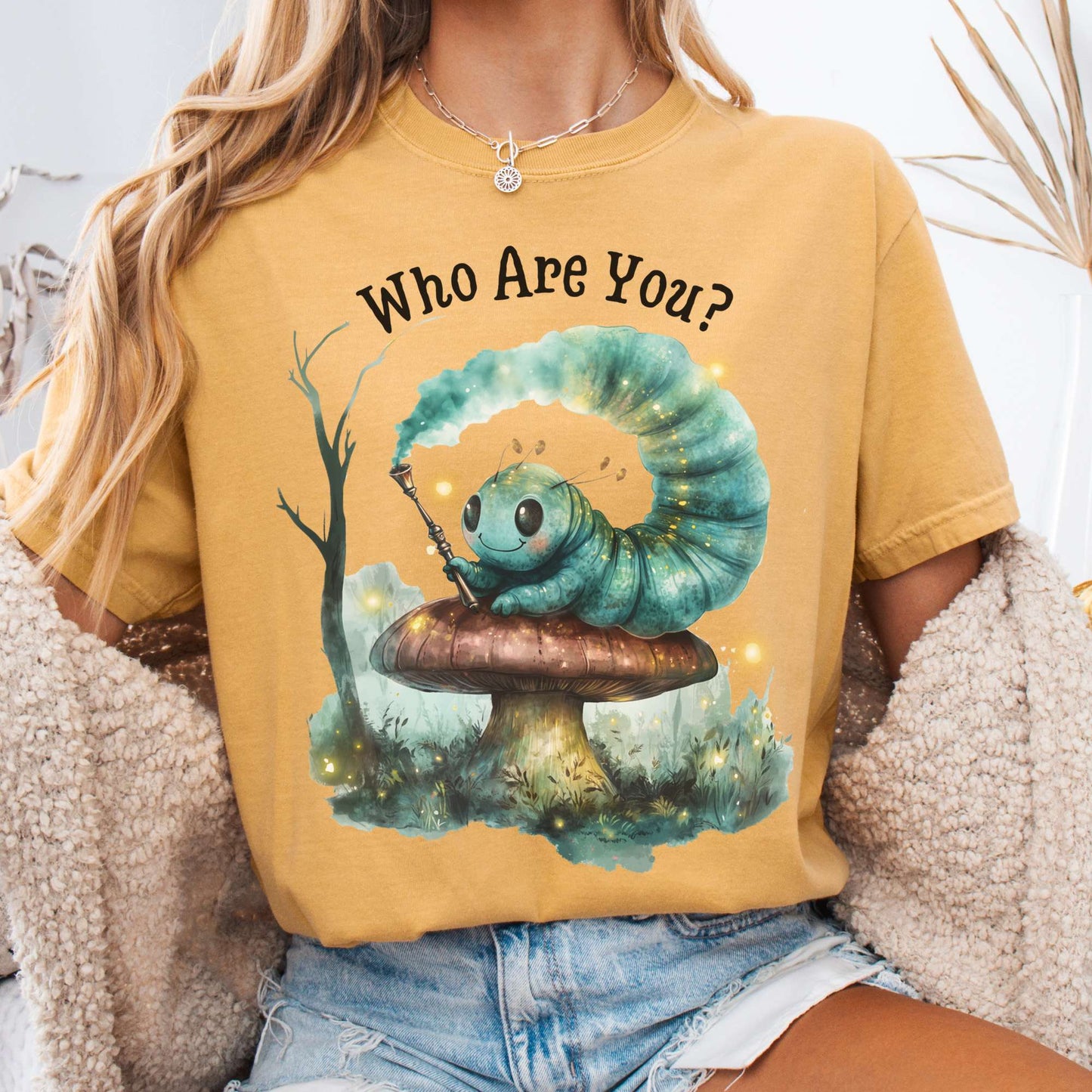T-Shirt Mustard / S Who Are You Caterpillar Shirt - Alice's Adventures in Wonderland The Mystic Eden