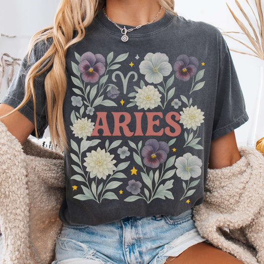 T-Shirt Pepper / S Aries T-Shirt – Retro Floral Zodiac Tee The Mystic Eden