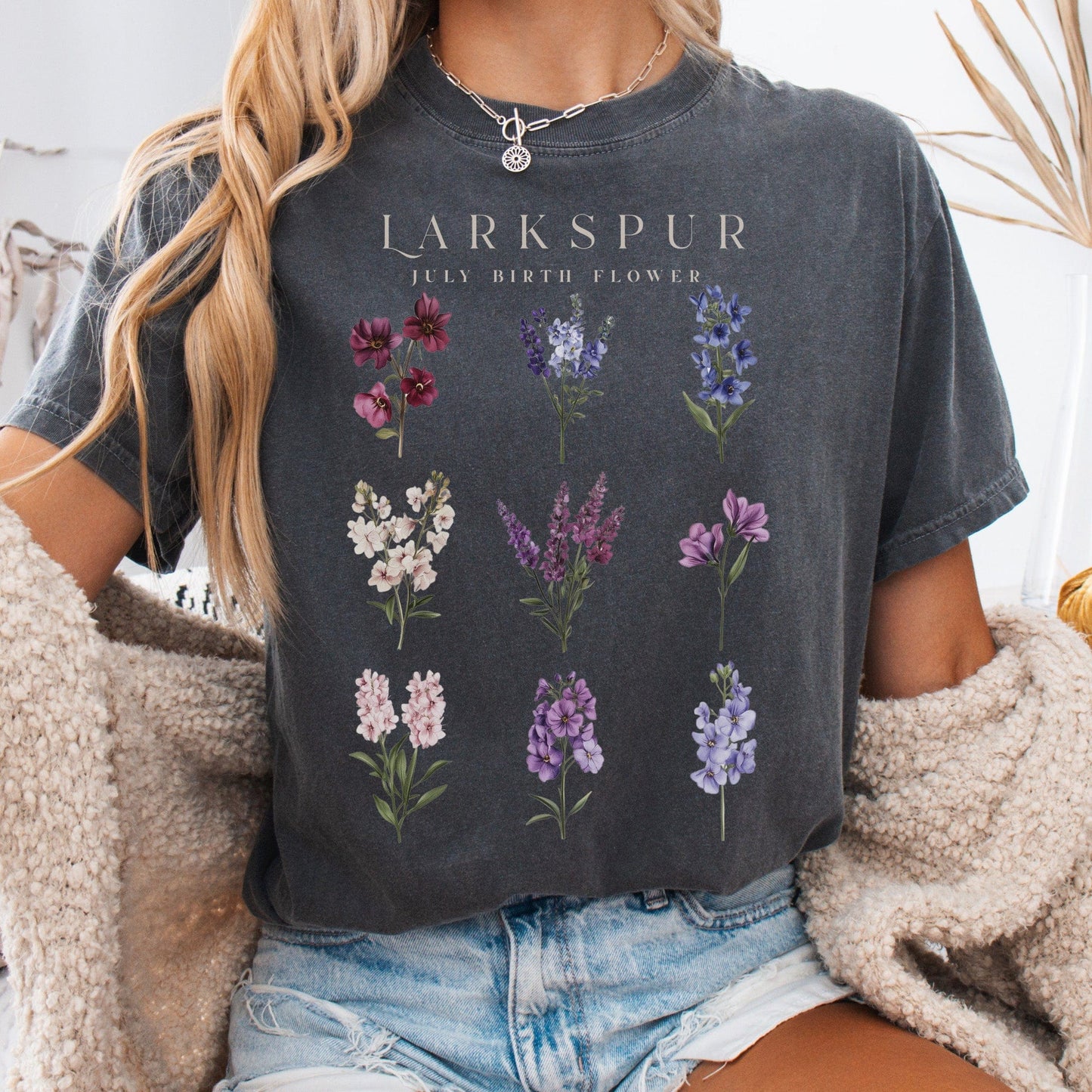 T-Shirt Pepper / S Larkspur July Birth Month Flower Shirt The Mystic Eden