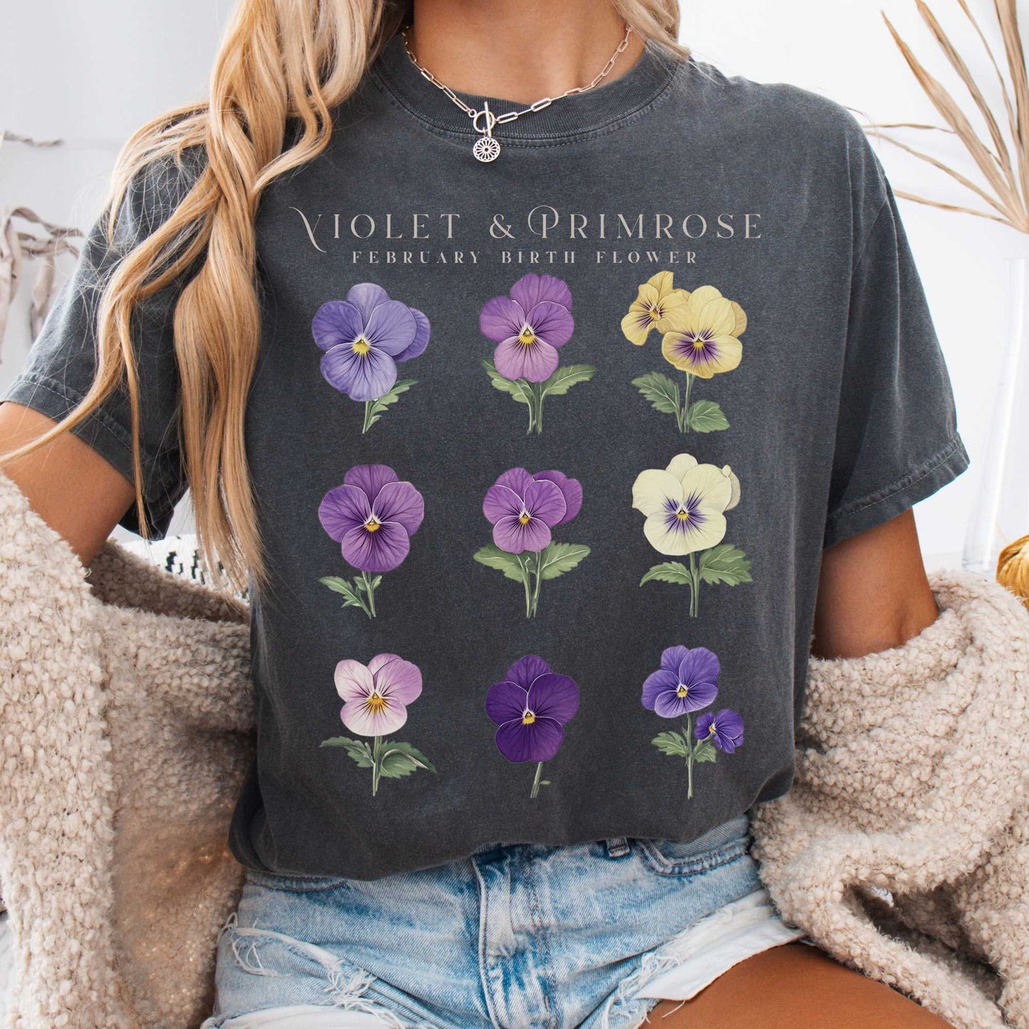 T-Shirt Pepper / S Violet & Primrose February Birth Month Flower Shirt The Mystic Eden