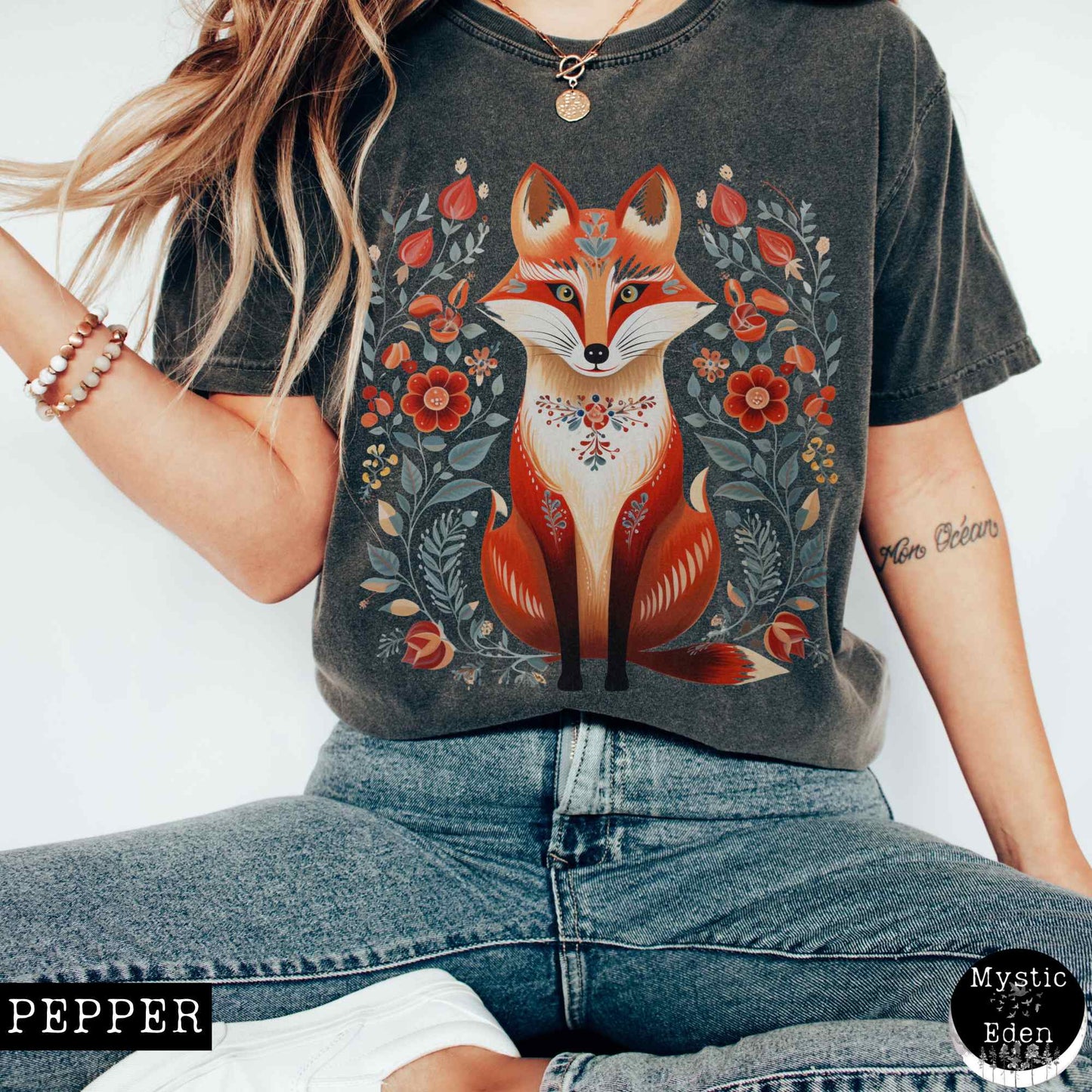 T-Shirt Pepper / S Whimsical Scandinavian Folk Art Fox Shirt The Mystic Eden