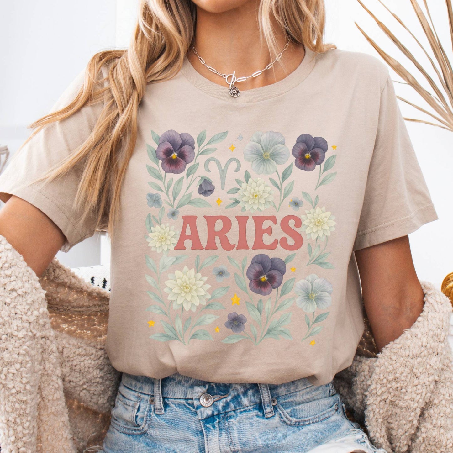 T-Shirt Tan / S Aries Bella T-Shirt – Retro Floral Zodiac Tee The Mystic Eden
