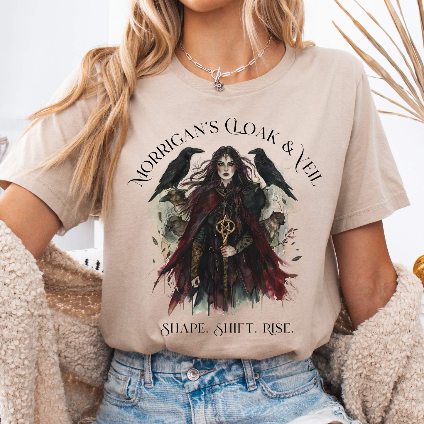 T-Shirt Tan / S Morrigan's Cloak & Veil Bella + Canvas Tee – Celtic Goddess Tee The Mystic Eden