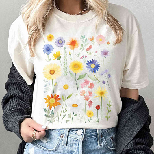 T-Shirt Vintage drawn bright spring flowers shirt The Mystic Eden
