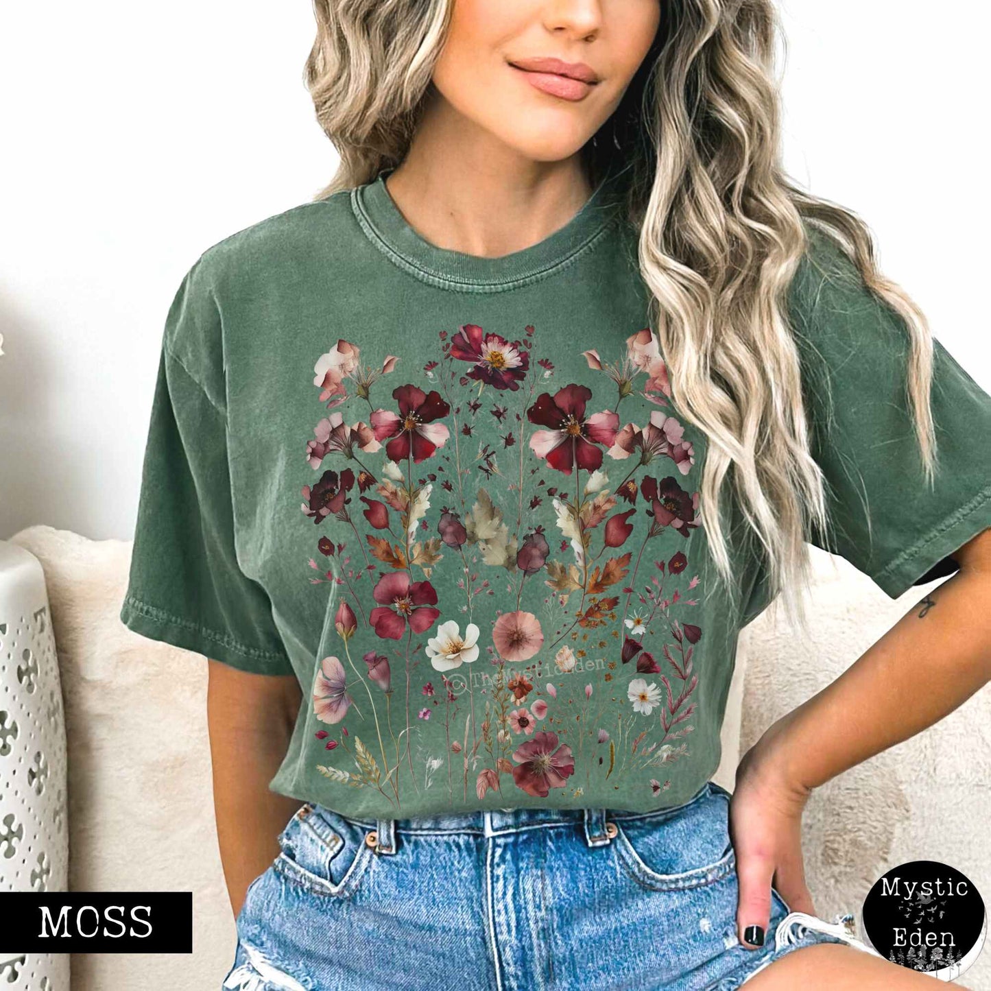 T-Shirt Vintage maroon pressed flowers shirt The Mystic Eden