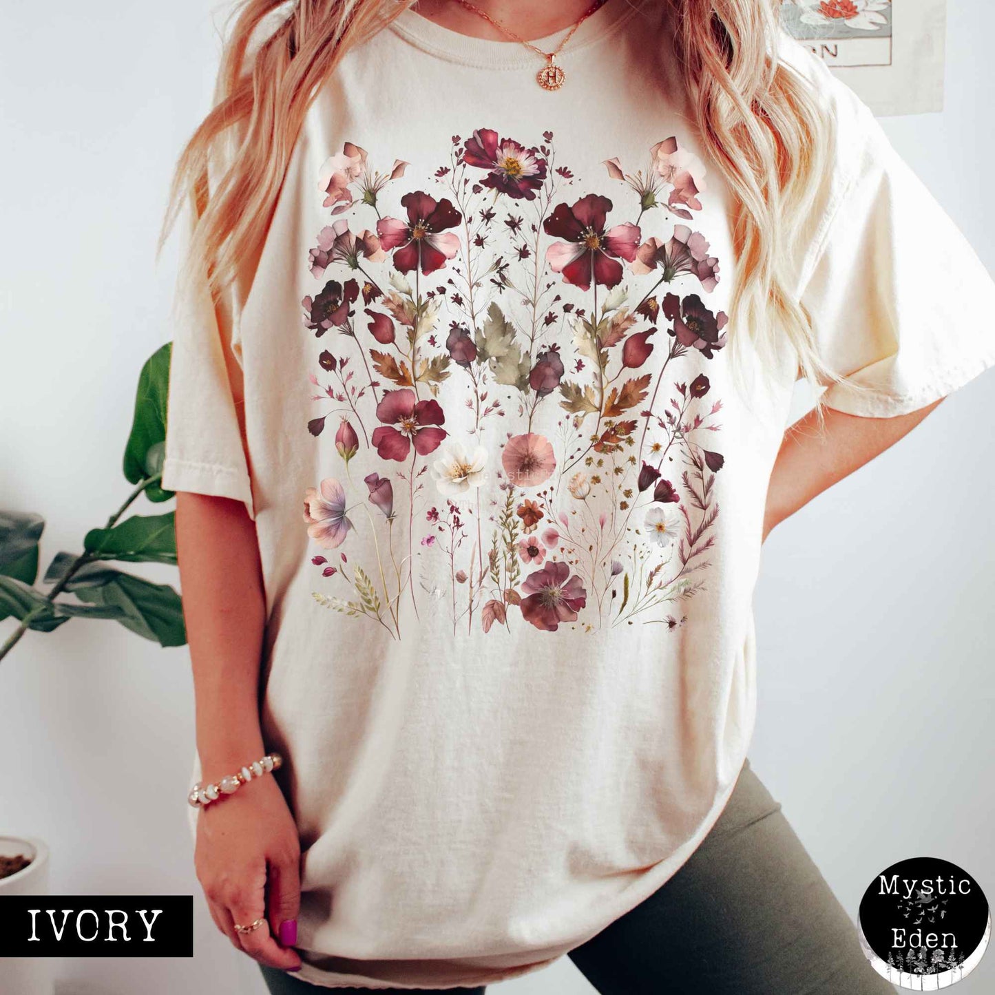 T-Shirt Vintage maroon pressed flowers shirt The Mystic Eden