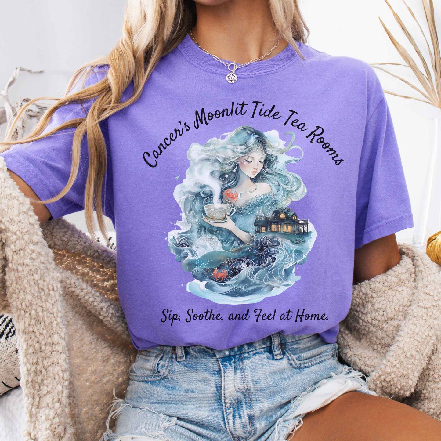 T-Shirt Violet / S Cancer's Moonlit Tide Tea Rooms Zodiac Shirt The Mystic Eden