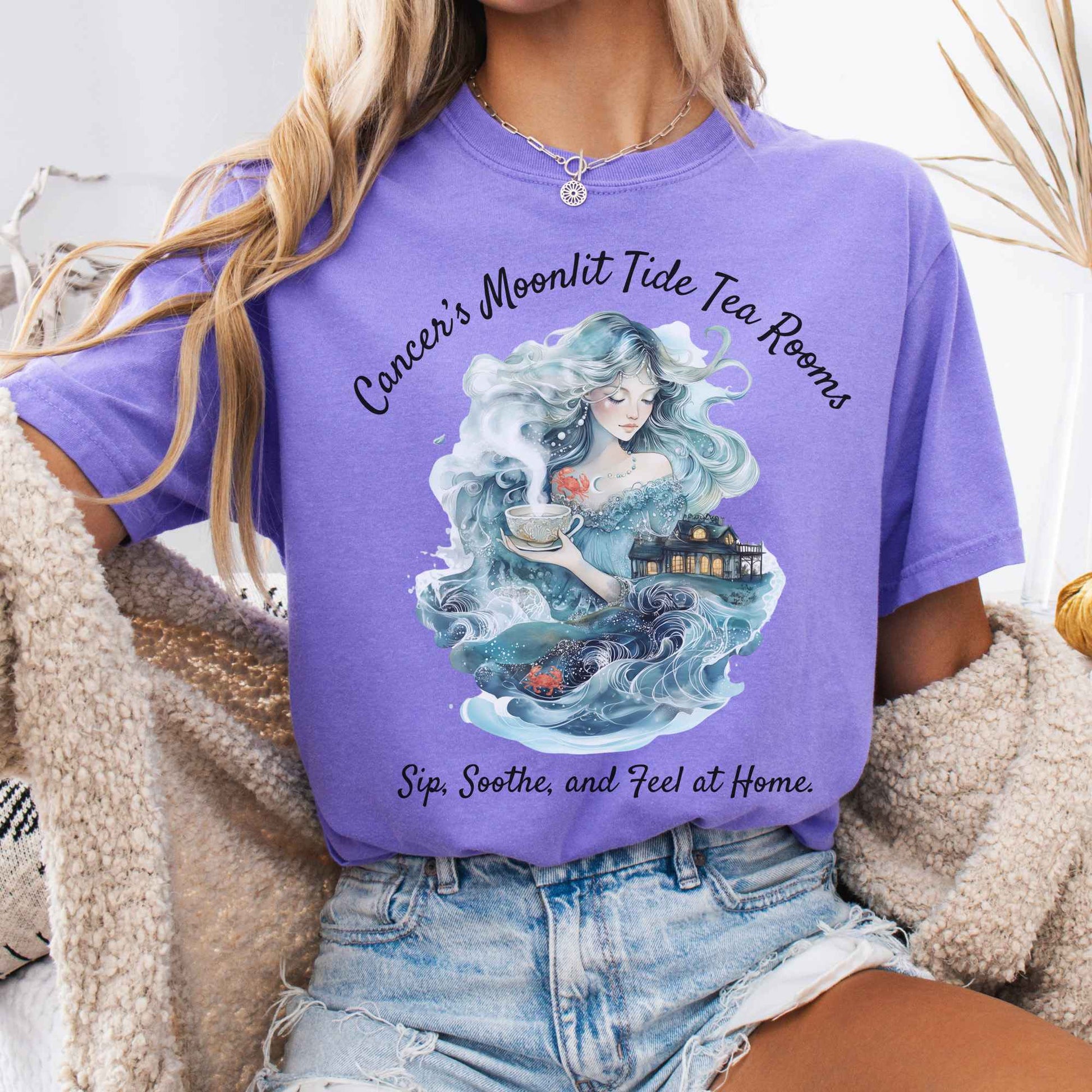 T-Shirt Violet / S Cancer's Moonlit Tide Tea Rooms Zodiac Shirt The Mystic Eden