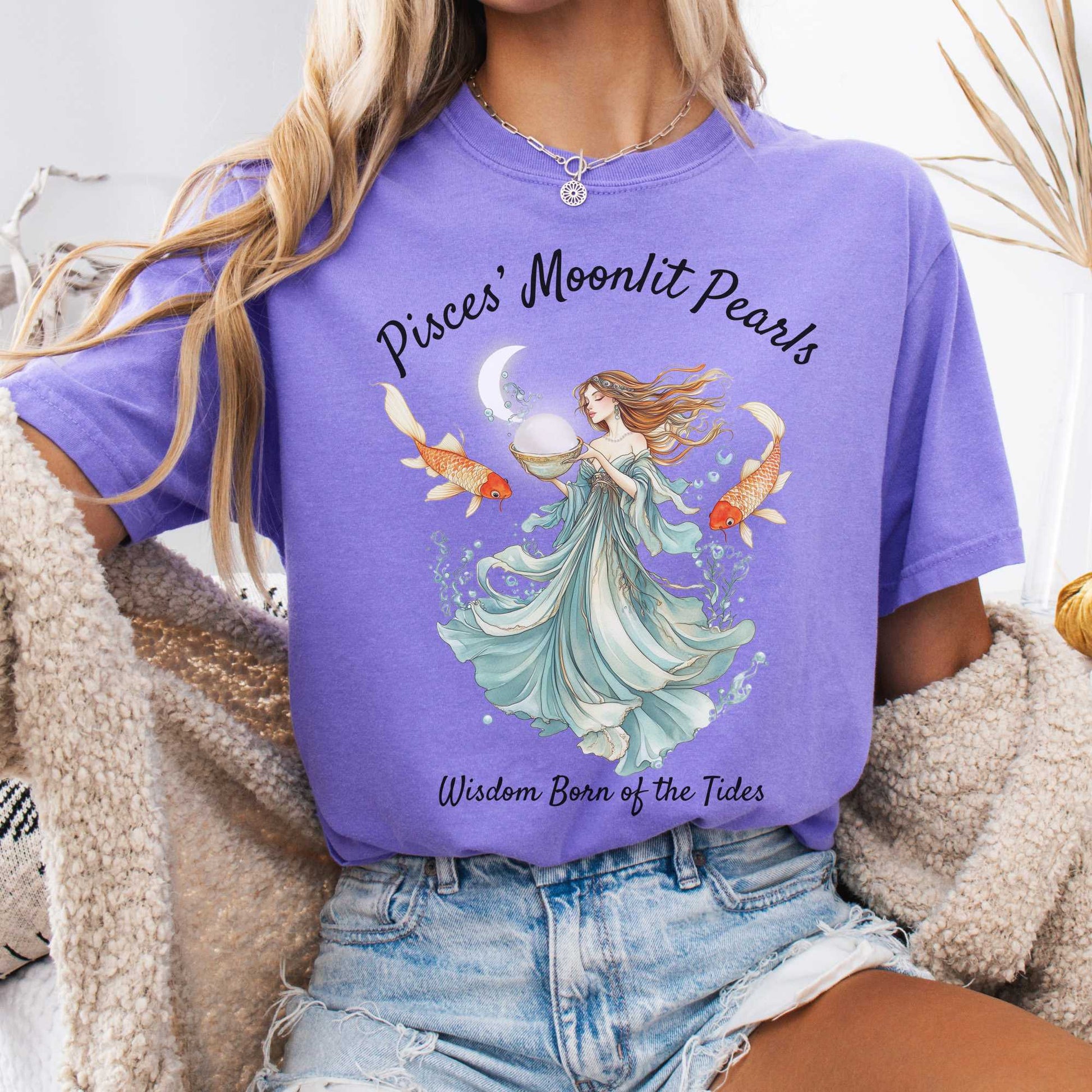 T-Shirt Violet / S Pisces' Moonlit Pearls Zodiac Shirt The Mystic Eden