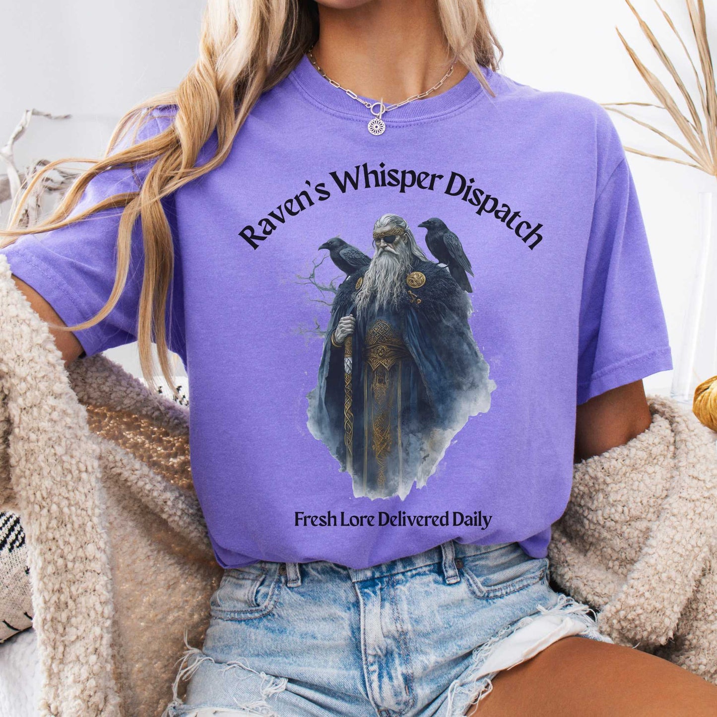 T-Shirt Violet / S Raven's Whisper Dispatch Fresh Lore Delivered Daily Norse God Shirt The Mystic Eden