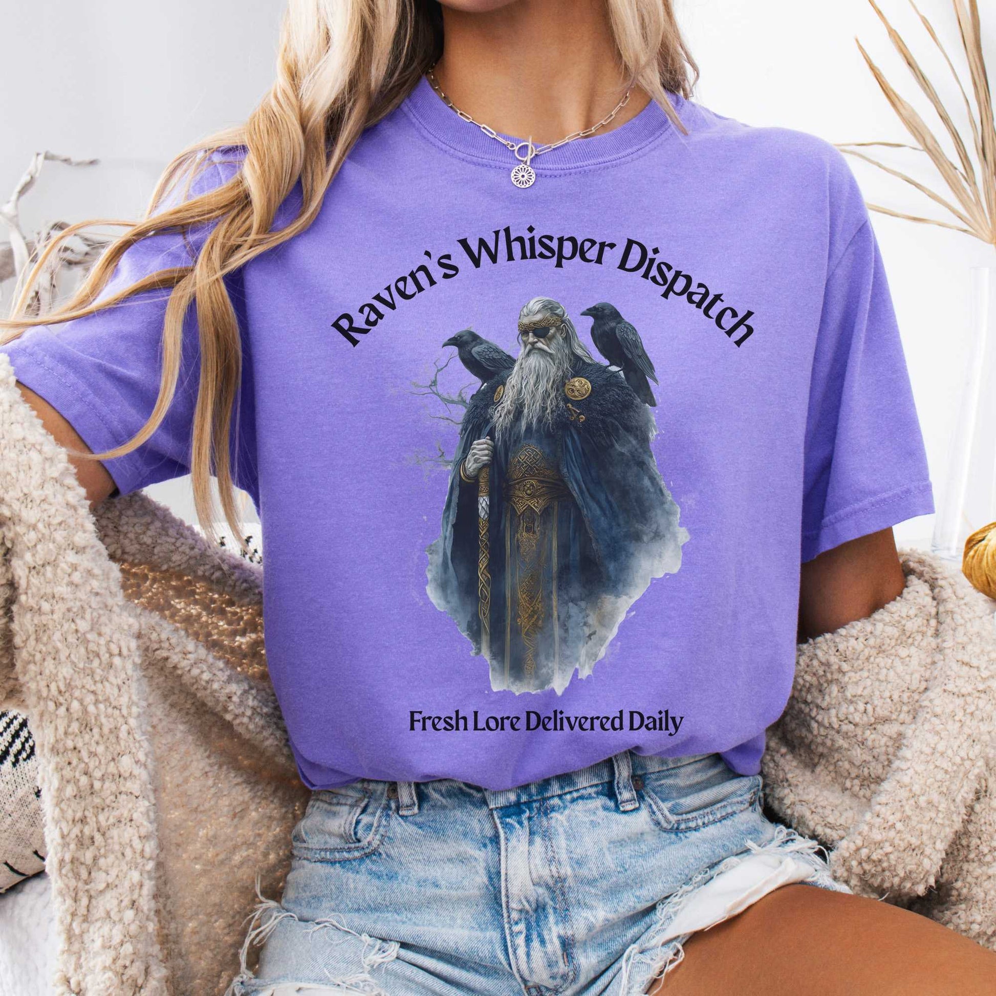 T-Shirt Violet / S Raven's Whisper Dispatch Fresh Lore Delivered Daily Norse God Shirt The Mystic Eden