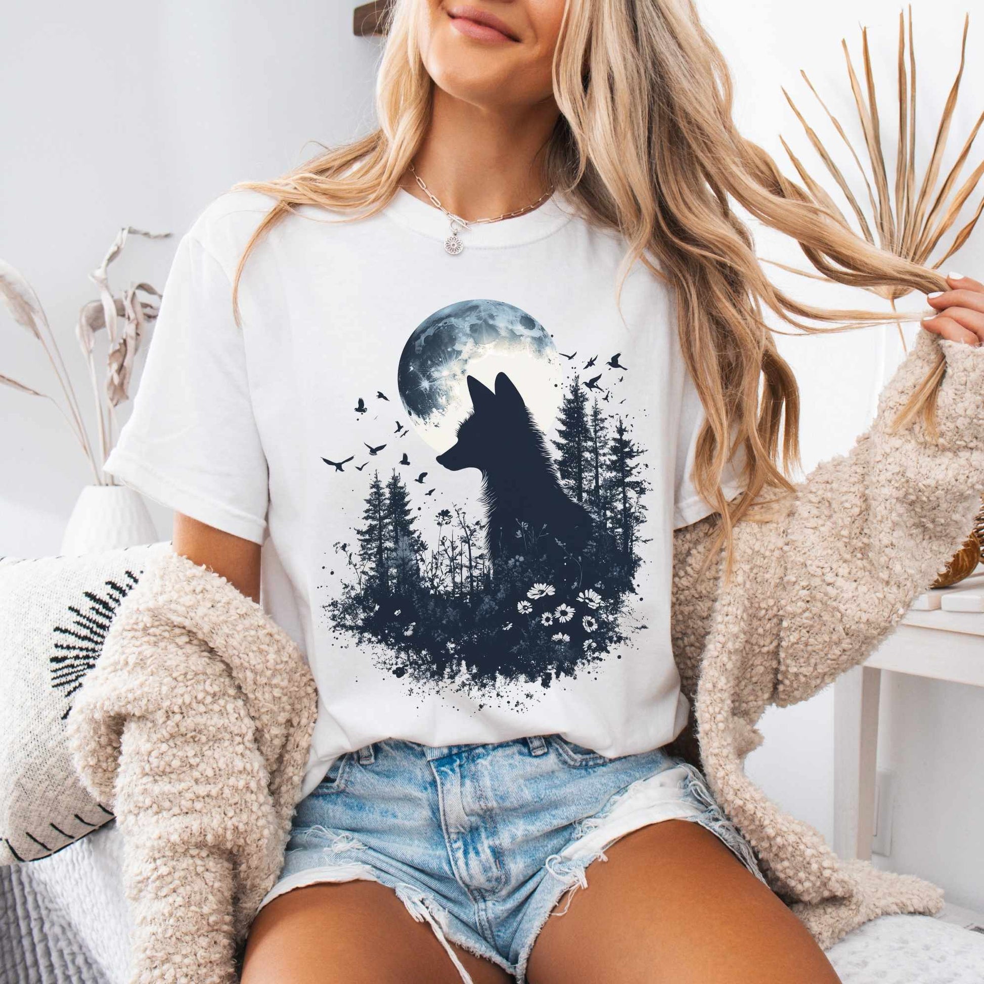 T-Shirt White / S Black Silhouette Moonlit Fox Shirt The Mystic Eden