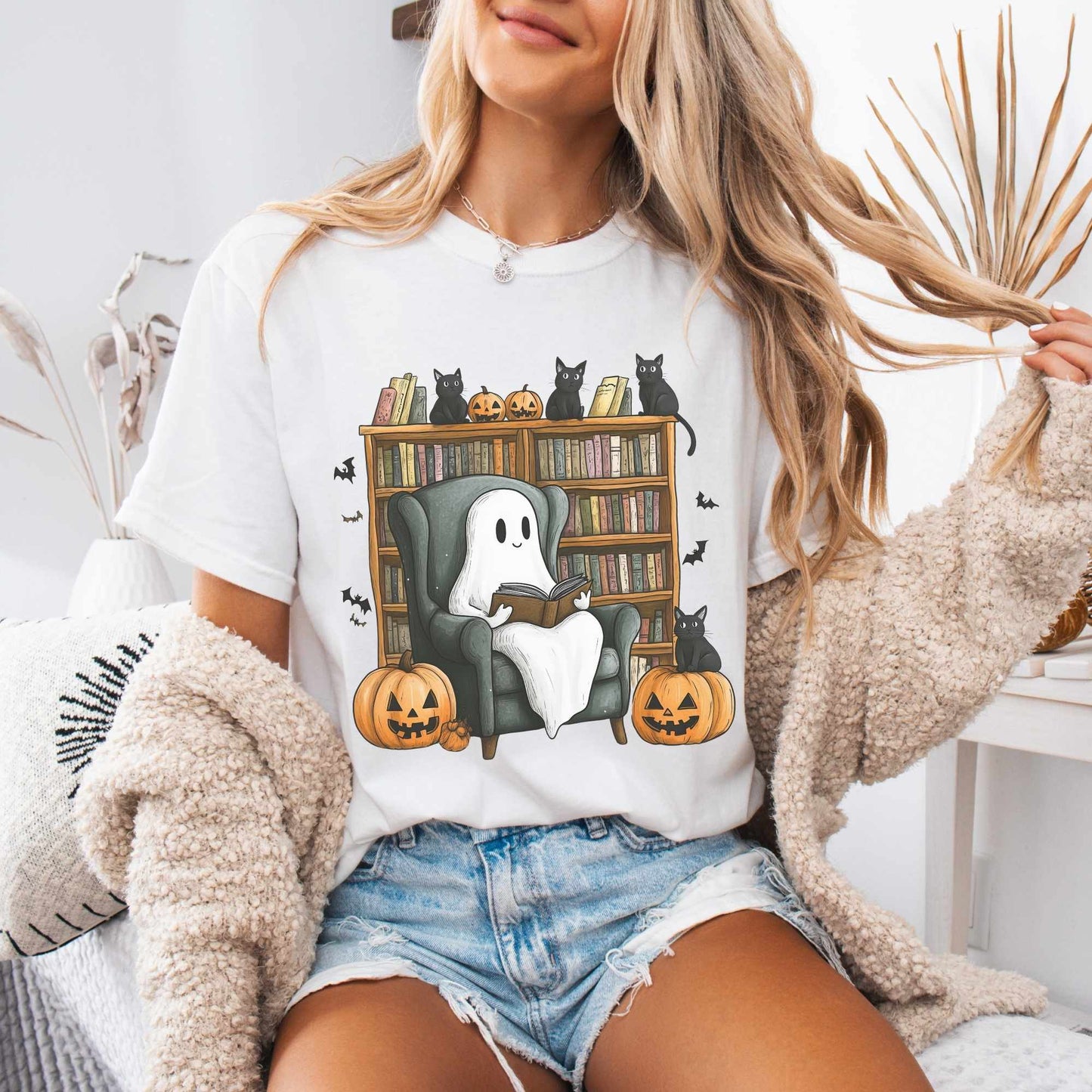 T-Shirt White / S Cute Reading Ghosts & Black Cats Shirt The Mystic Eden