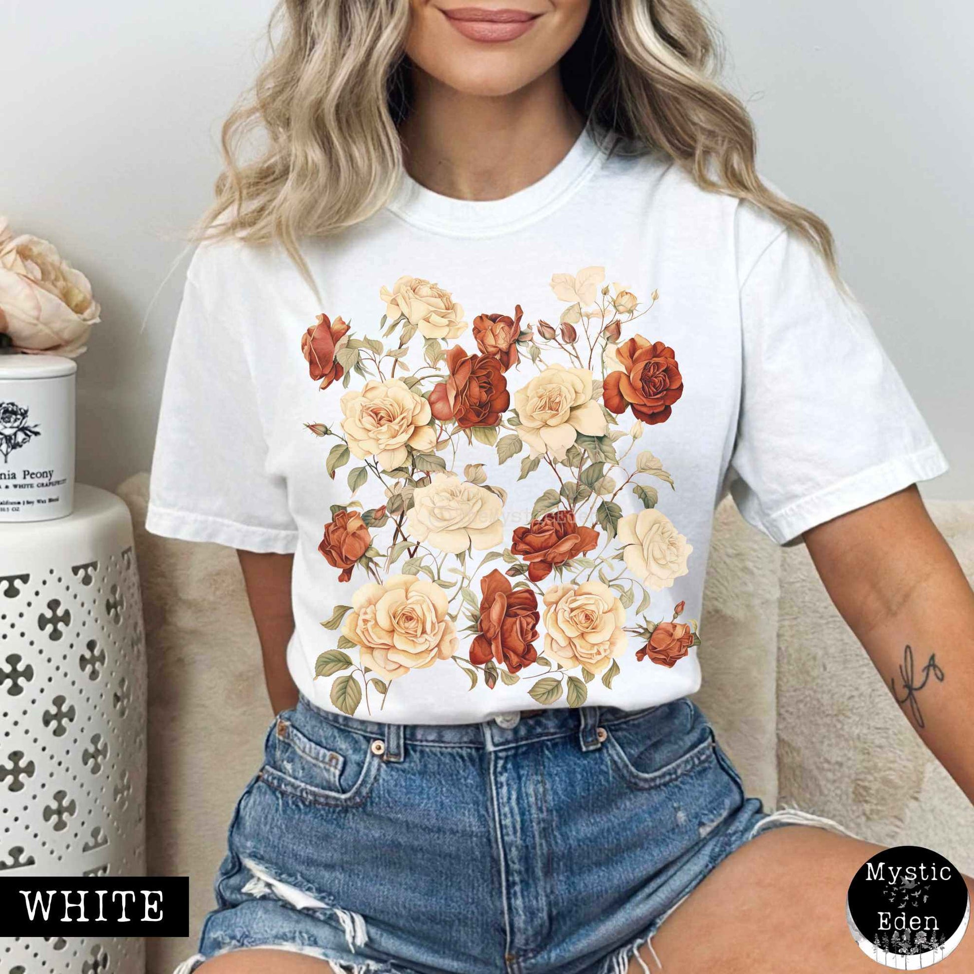 T-Shirt White / S Vintage dark academia aesthetic roses shirt The Mystic Eden