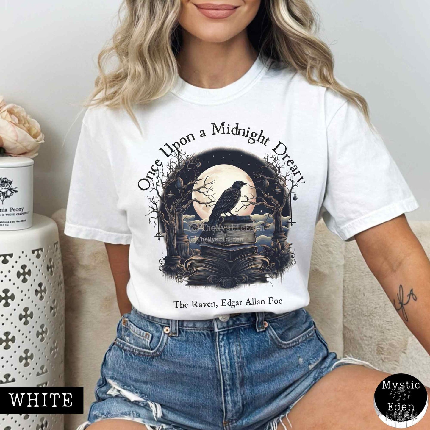 T-Shirt White / S Vintage Edgar Allan Poe Shirt - Once upon a midnight dreary The Mystic Eden