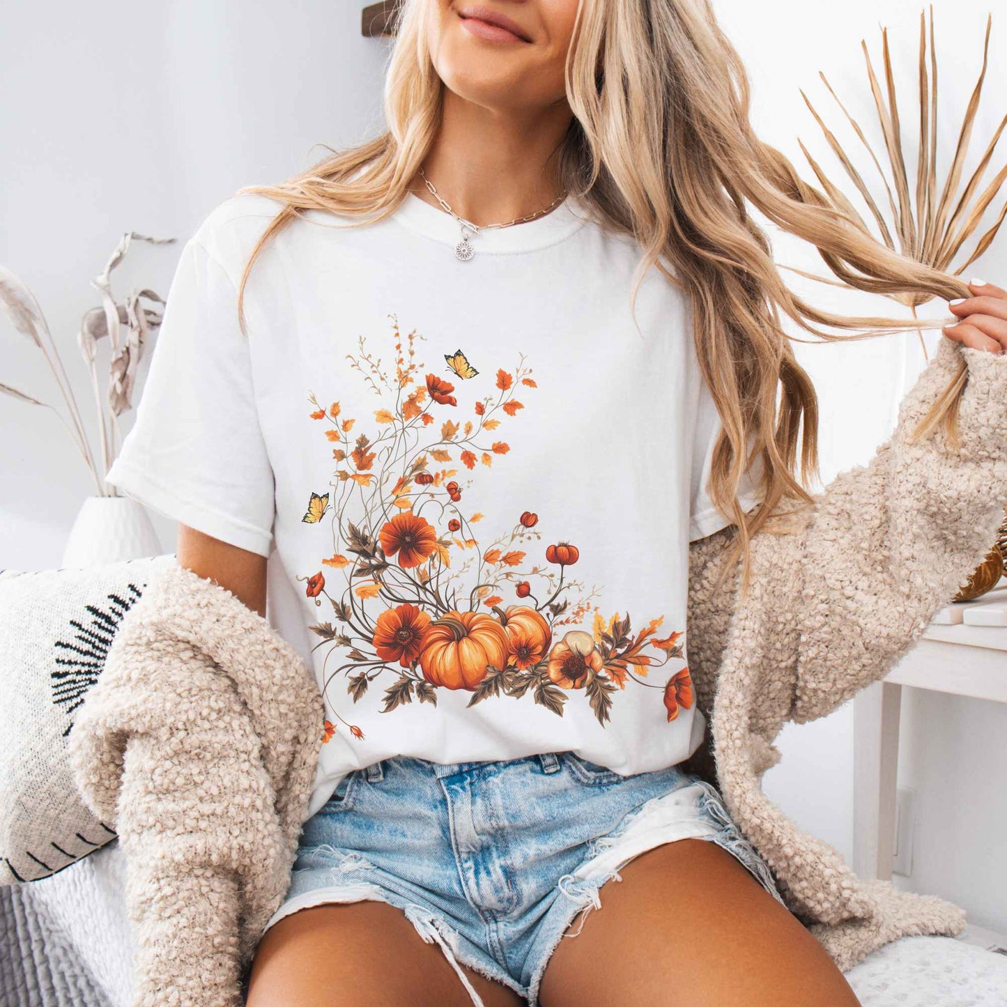 T-Shirt White / S Vintage fall floral pumpkin tee The Mystic Eden
