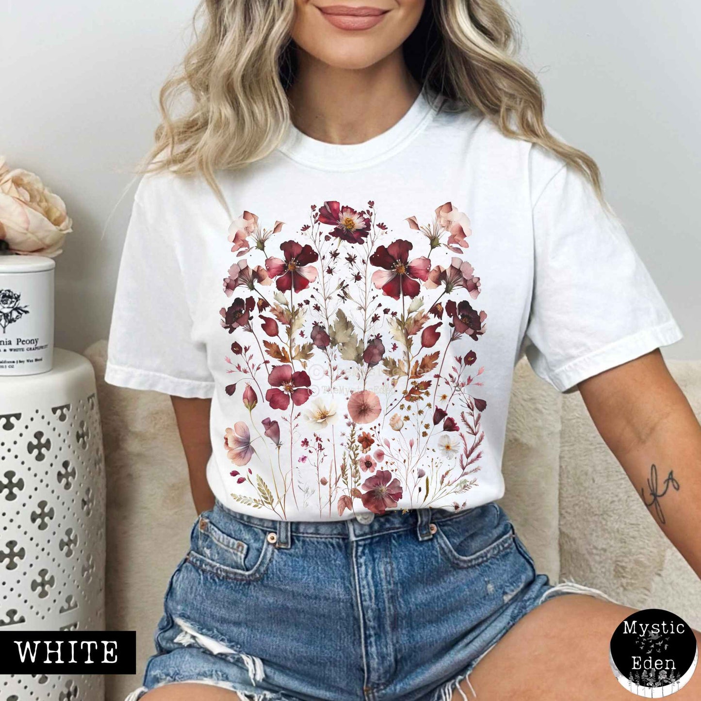 T-Shirt White / S Vintage maroon pressed flowers shirt The Mystic Eden